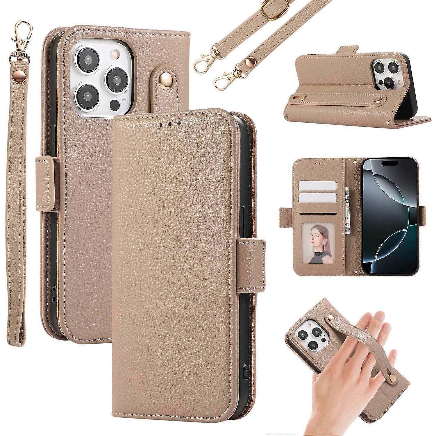 For iPhone 14 Pro Leather Case with Card Holder,Straps,Shockproof Wallet Phone Cover-Khaki