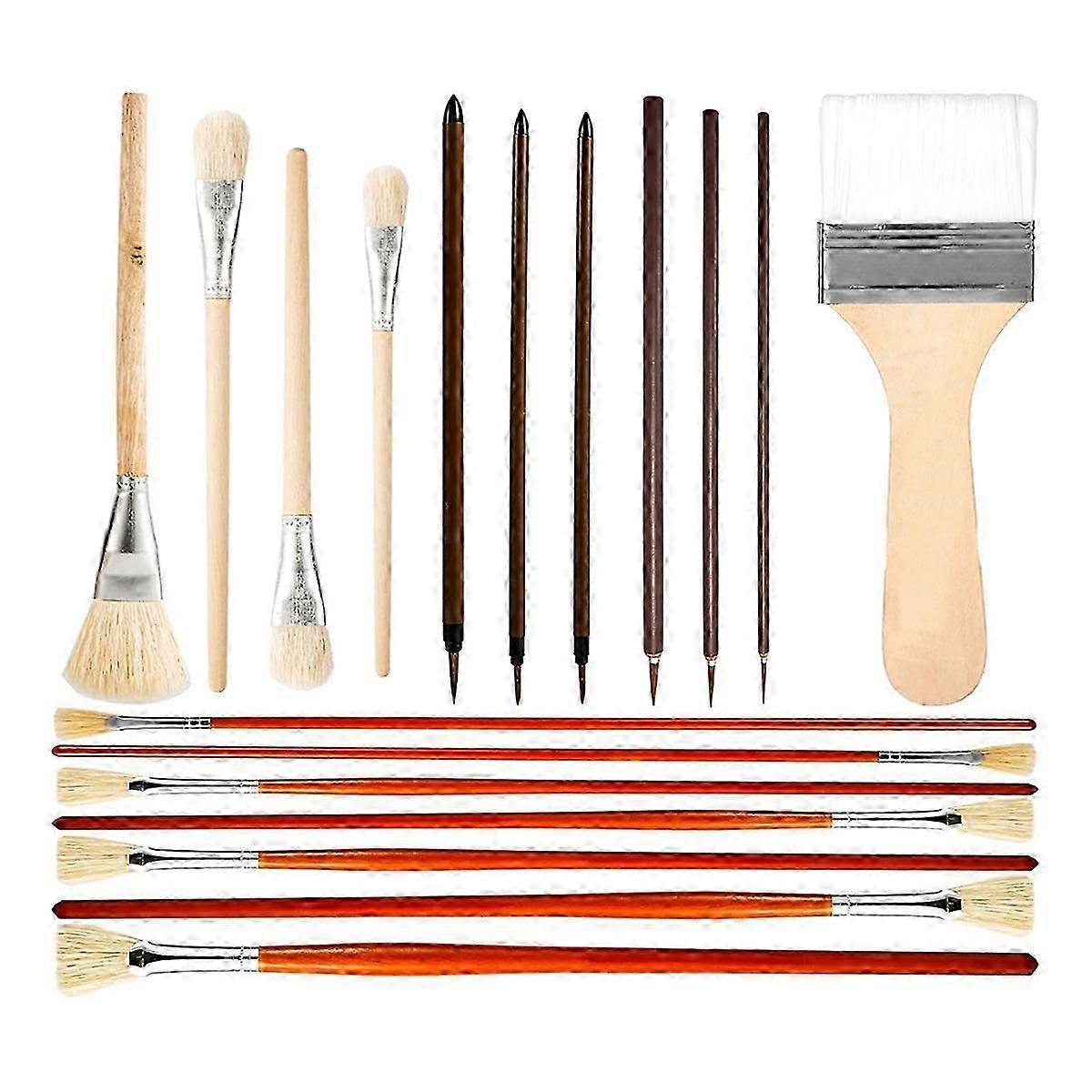 18 יחידות מברשות זיגוג חרס, עץ ידית ארוכה אמן צבע מאוורר מברשות קרמיקה סט לציור שמן אקרילי כלי חרס