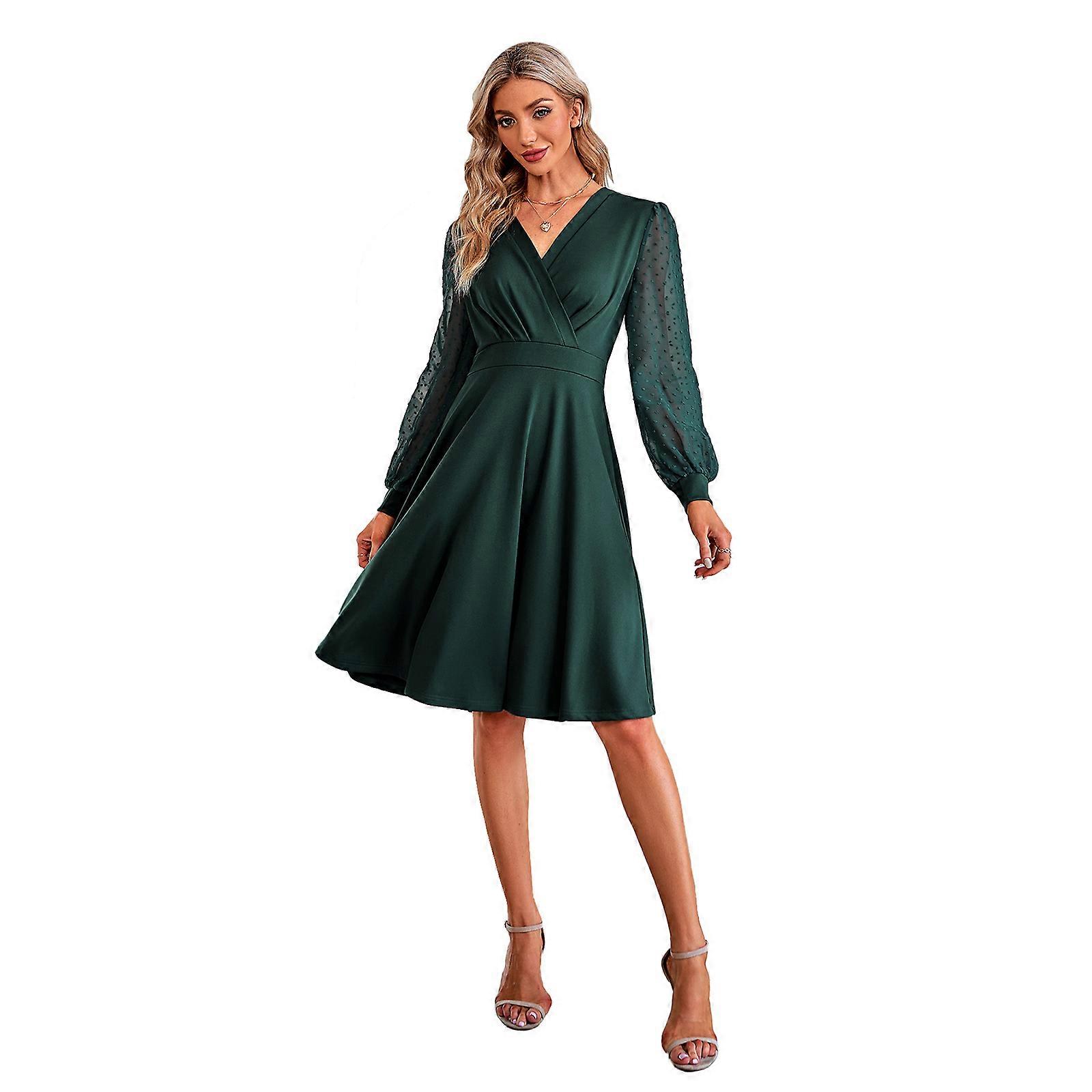 Women Swiss-Dot Chiffon Splicing Long Sleeve Casual Loose Swing A-Line Dress  Solid Color Wrap V-Neck High Waist Dresses Green XL