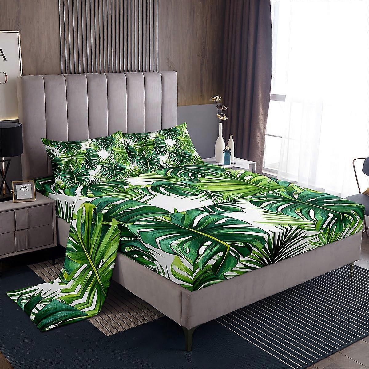 Feelyou Tropical Sheets Queen Size, Green White Palm Leaf Bed Set with Deep Pockets, Summer Decor Bedding Set