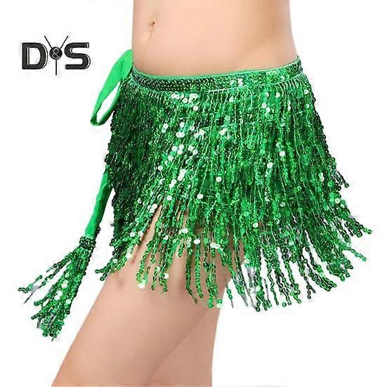 Women Belly Dance Skirt Chain Tassel Sequin Double-layer Lace-up Bohemian Clubwear Performance Mini Waist Wrap Latin Dance Practice Short Skirt Hip