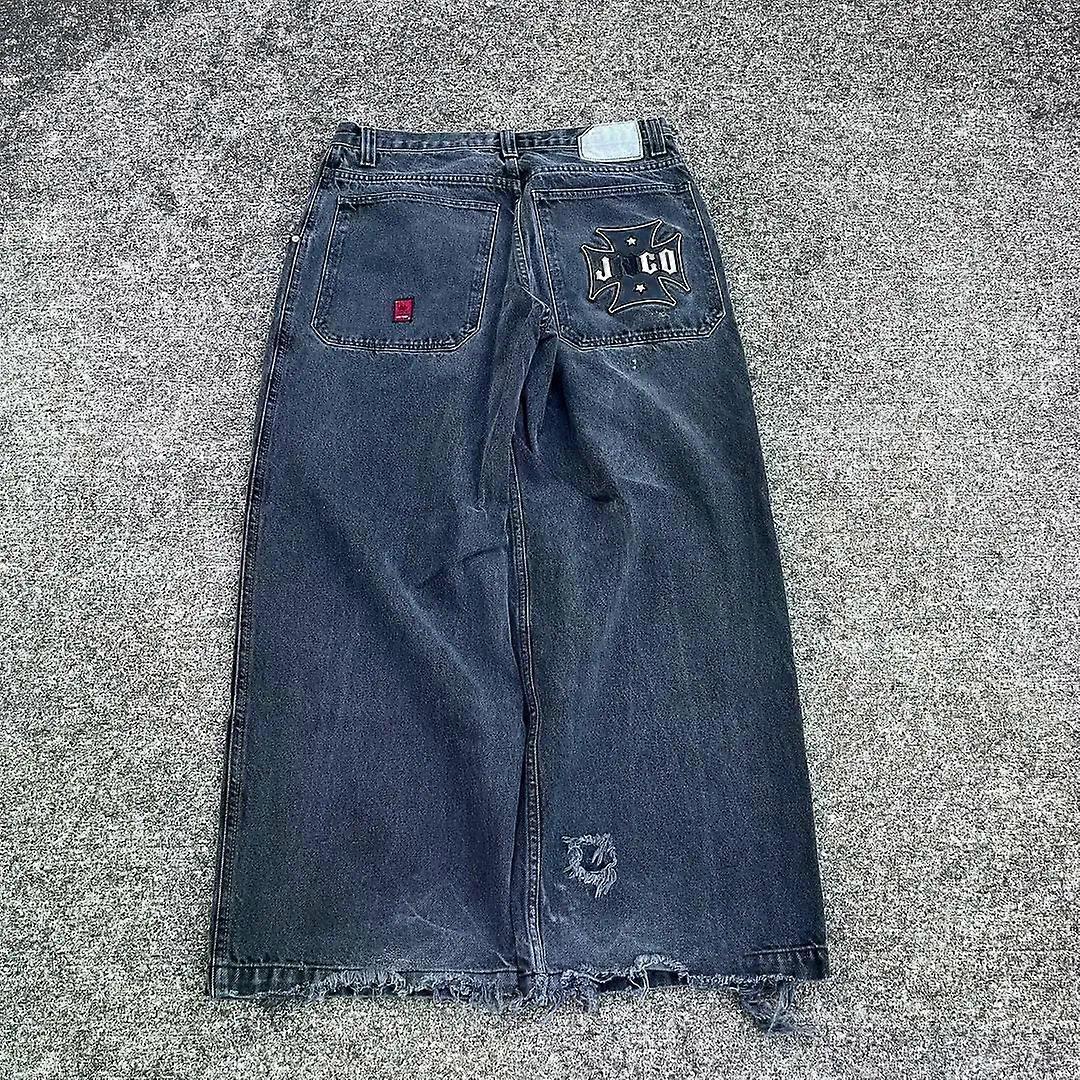 SY2k CROSS Badge Pattern Baggy Jeans Women's Solid Washed and Distressed Straight Pants Classic Versatile Wide Leg Pants
