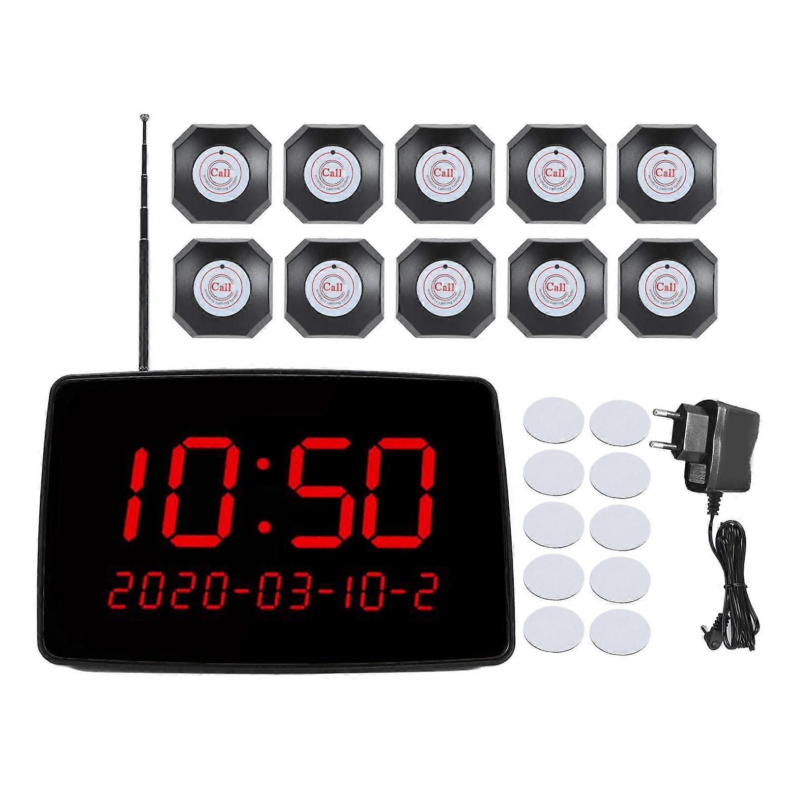 Wireless Calling System Time Display Restaurant Paging Table Bells with 10 Buttons 1 Receiver for Hotel Bar Hospital