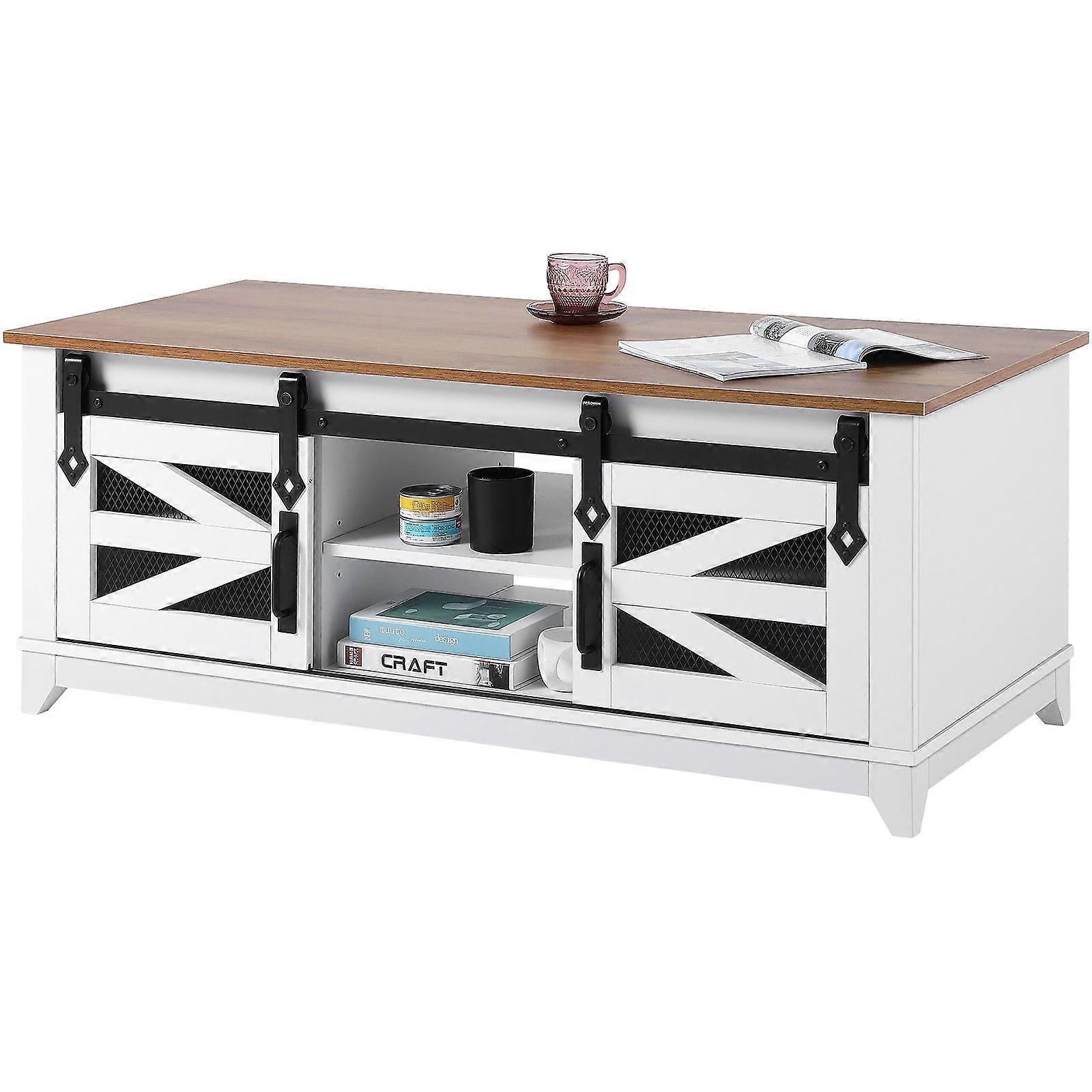 48" Rectangle Farmhouse Coffee Table with 2 Sliding Barn Doors, 2 Tiers Wooden Rustic Table with Removable Shelves, White & Natural