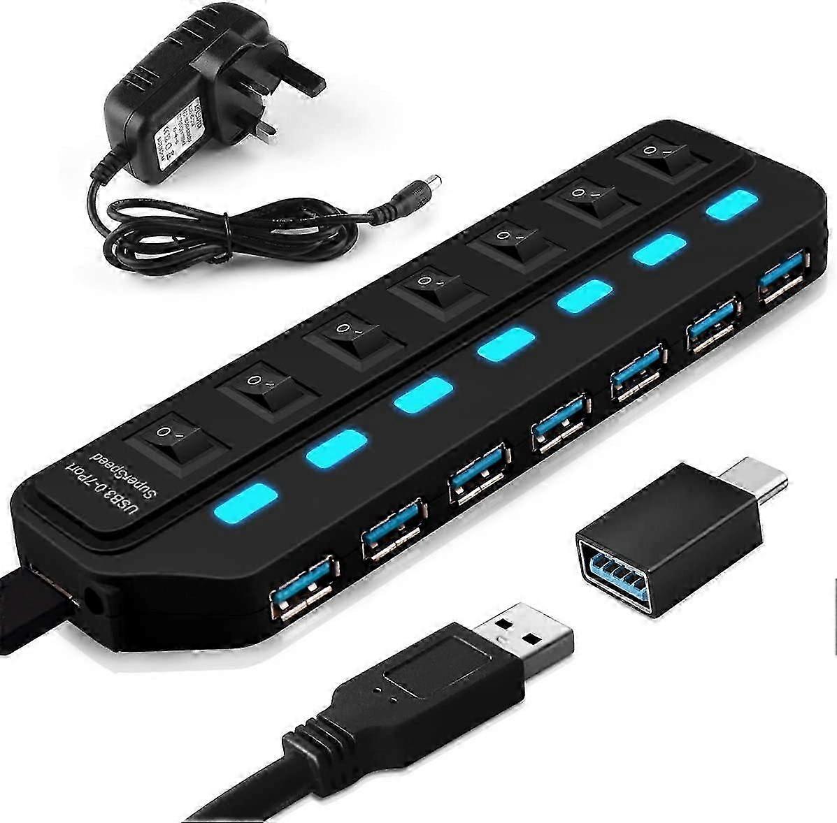 Usb Hub 3.0 With Adaptor, 7 Ports Superspeed Usb Hub