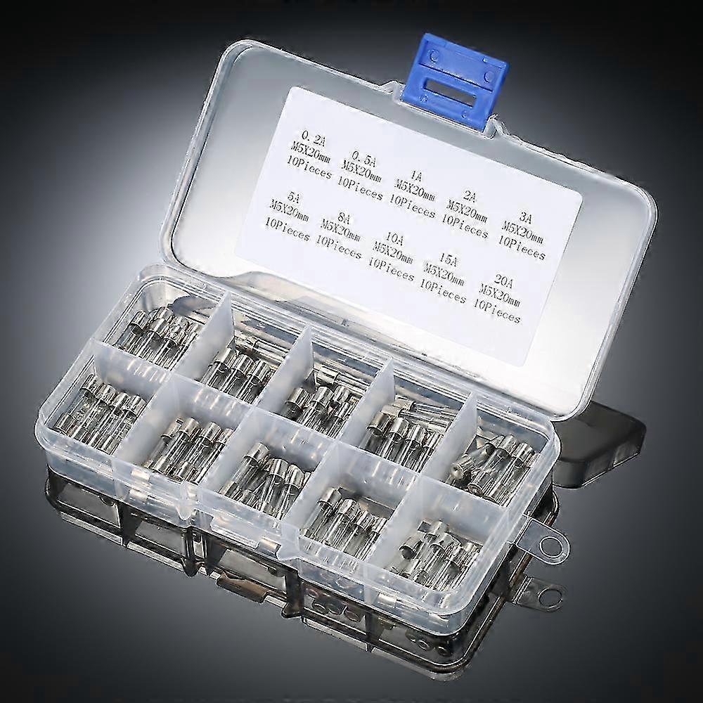 100 قطعة 5 × 20 مم طقم الصمامات الزجاجية سريعة النفخ (0.2A-20A متنوعة)