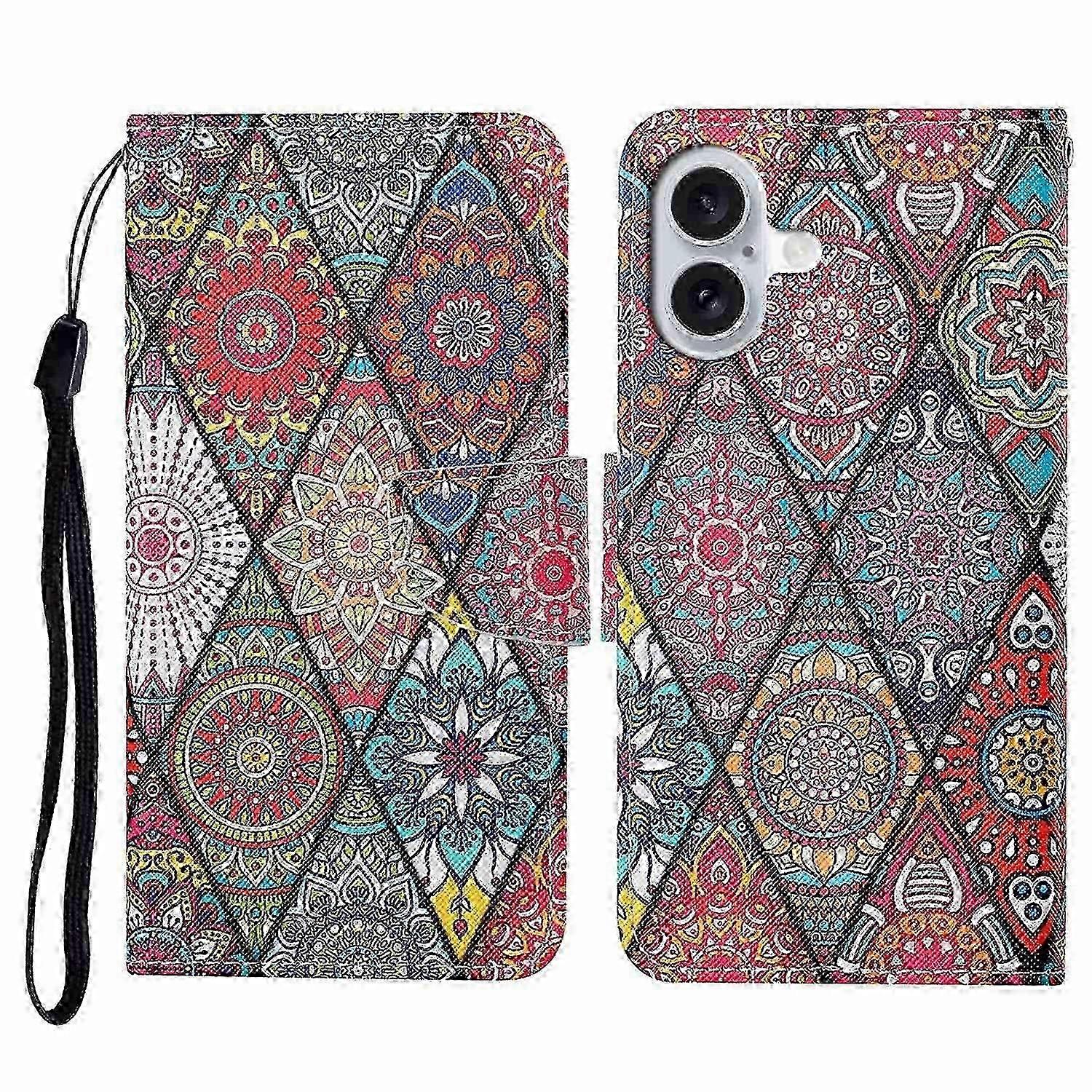 For iPhone 16 Case Pattern Printing Protective Leather Folio Phone Cover 2025