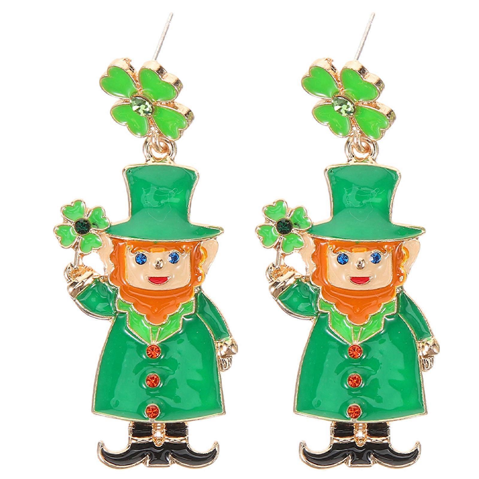 Four Leaf Shamrock Earrings for Women – St. Patrick's Day Irish Festival Accessories, Metal Alloy with Enamel and Rhinestone, Elf Design, Charming