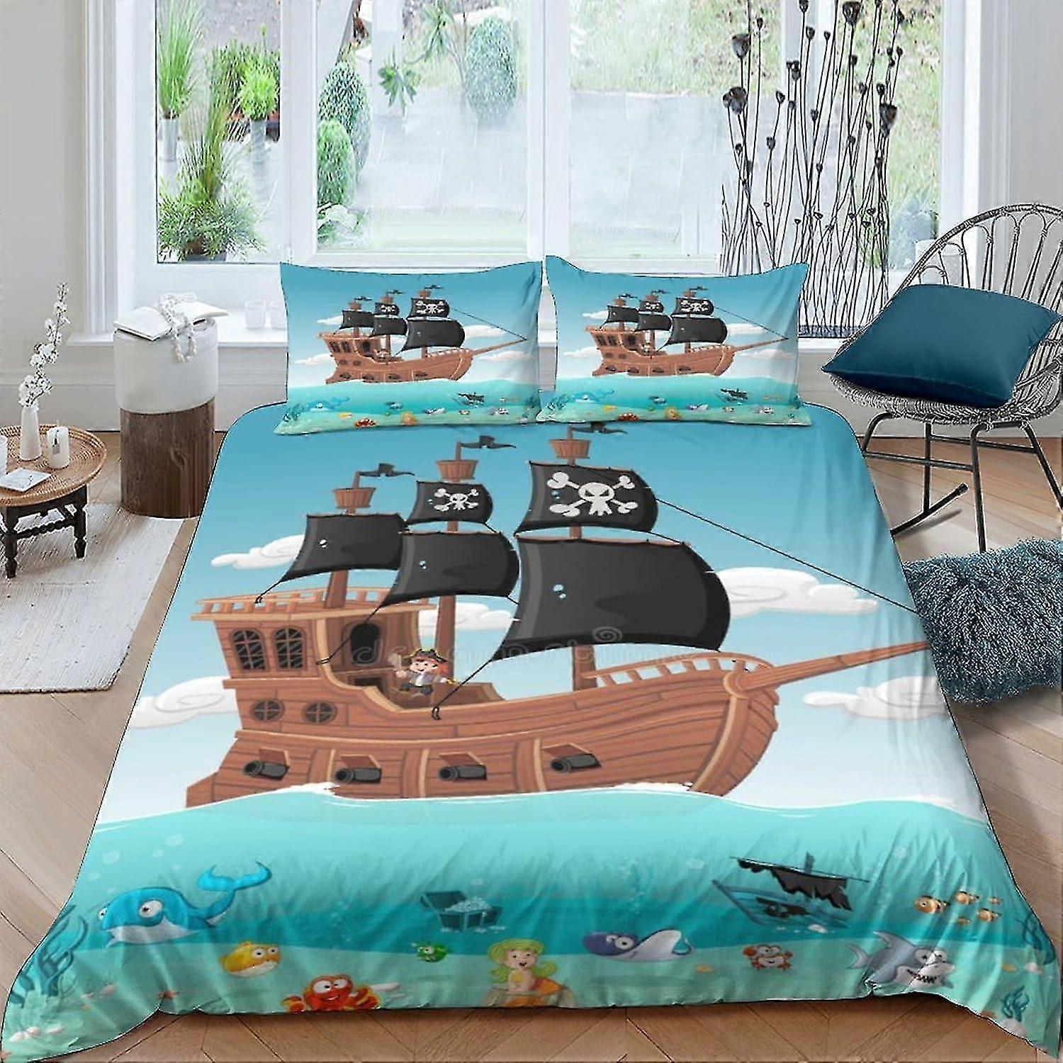 Pirate Ship Duvet Cover 3D Bedding Set 3 Pieces Comforter Cover Ultra Soft Microfiber Theme Quilt Cover for Teens, Zipper with Pillowcase Do