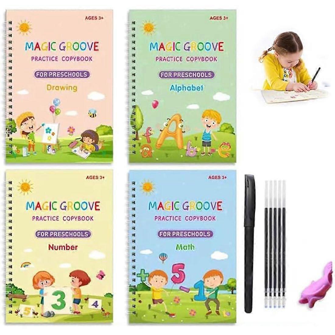 Copybook - Magic Reusable Handwriting Workbook for Kids, Groove Calligraphy, Numbers, Math, Drawing, Pack of 4