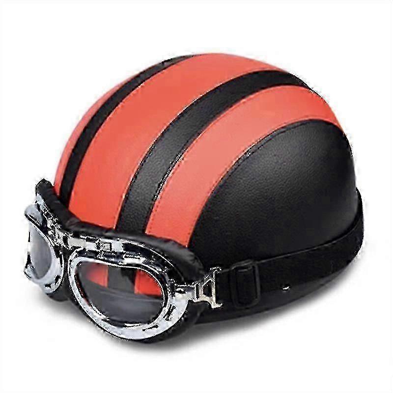 Vintage Motorcycle Leather Half Helmet With Goggles