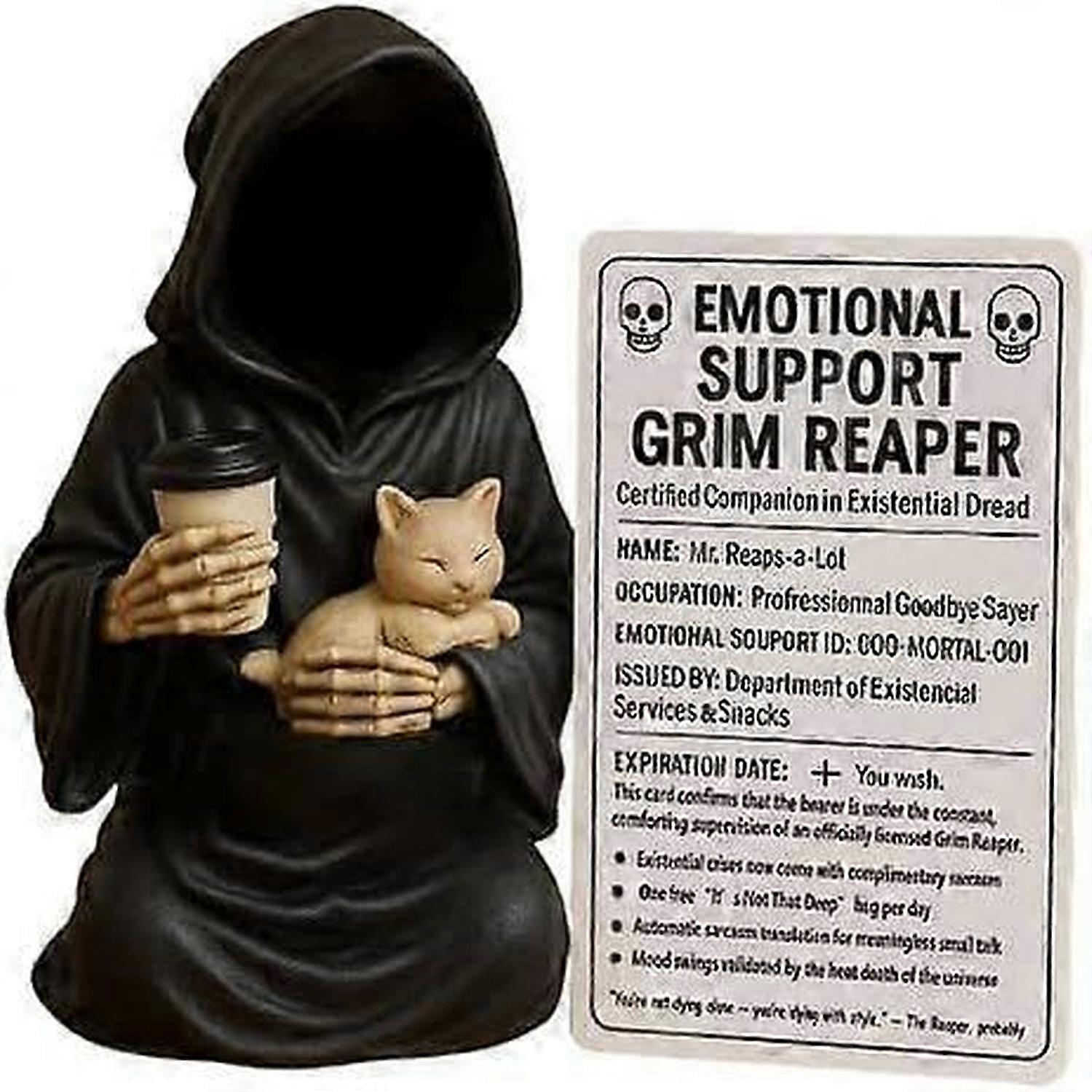 Emotional Support Grim Reaper, Hand-Painted Resin Gothic Grim Reaper Statue Holding Coffee & Cat with Emotional Support Grim Card