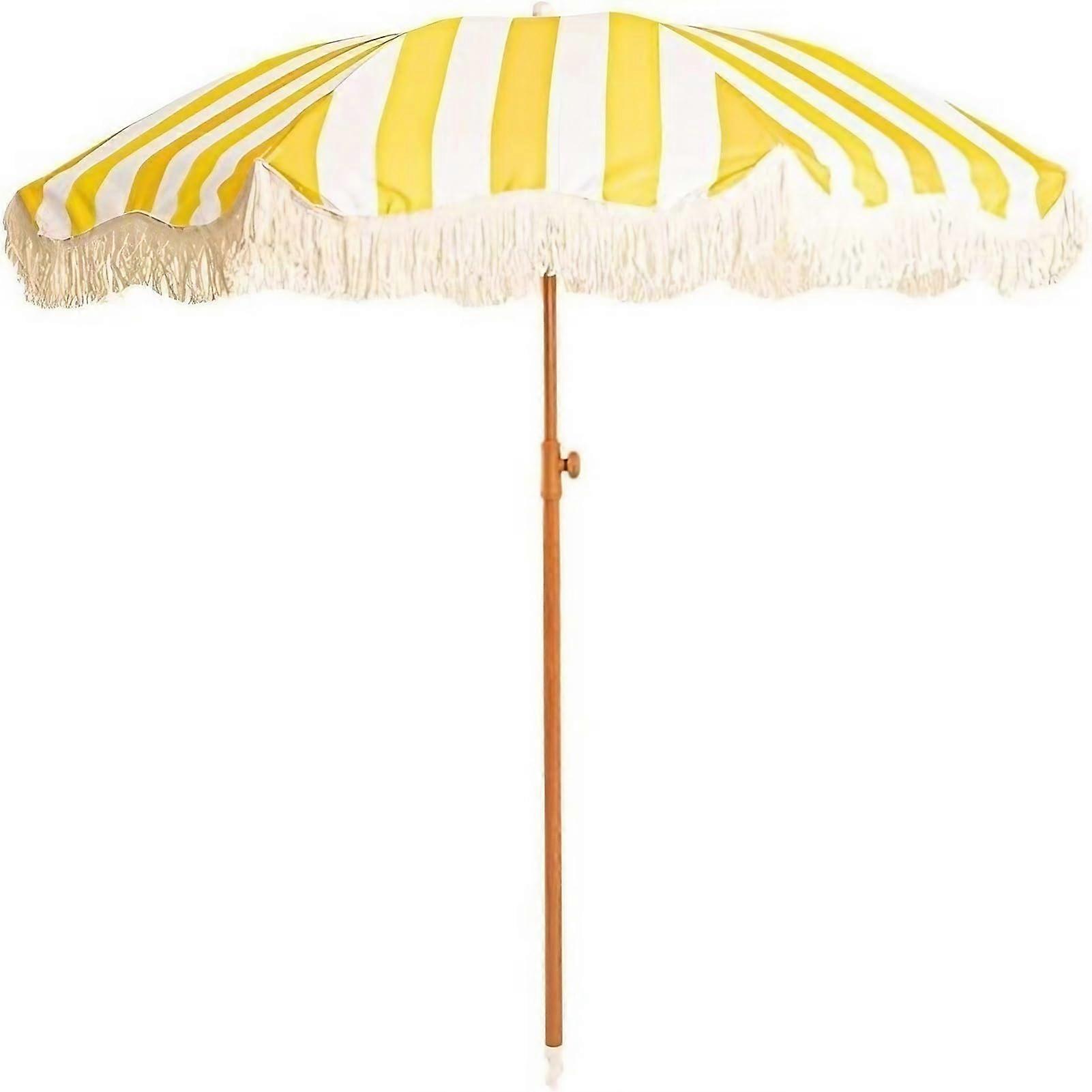 200cm Boho Fringe Parasol Yellow and White Stripes Push Button Tilt