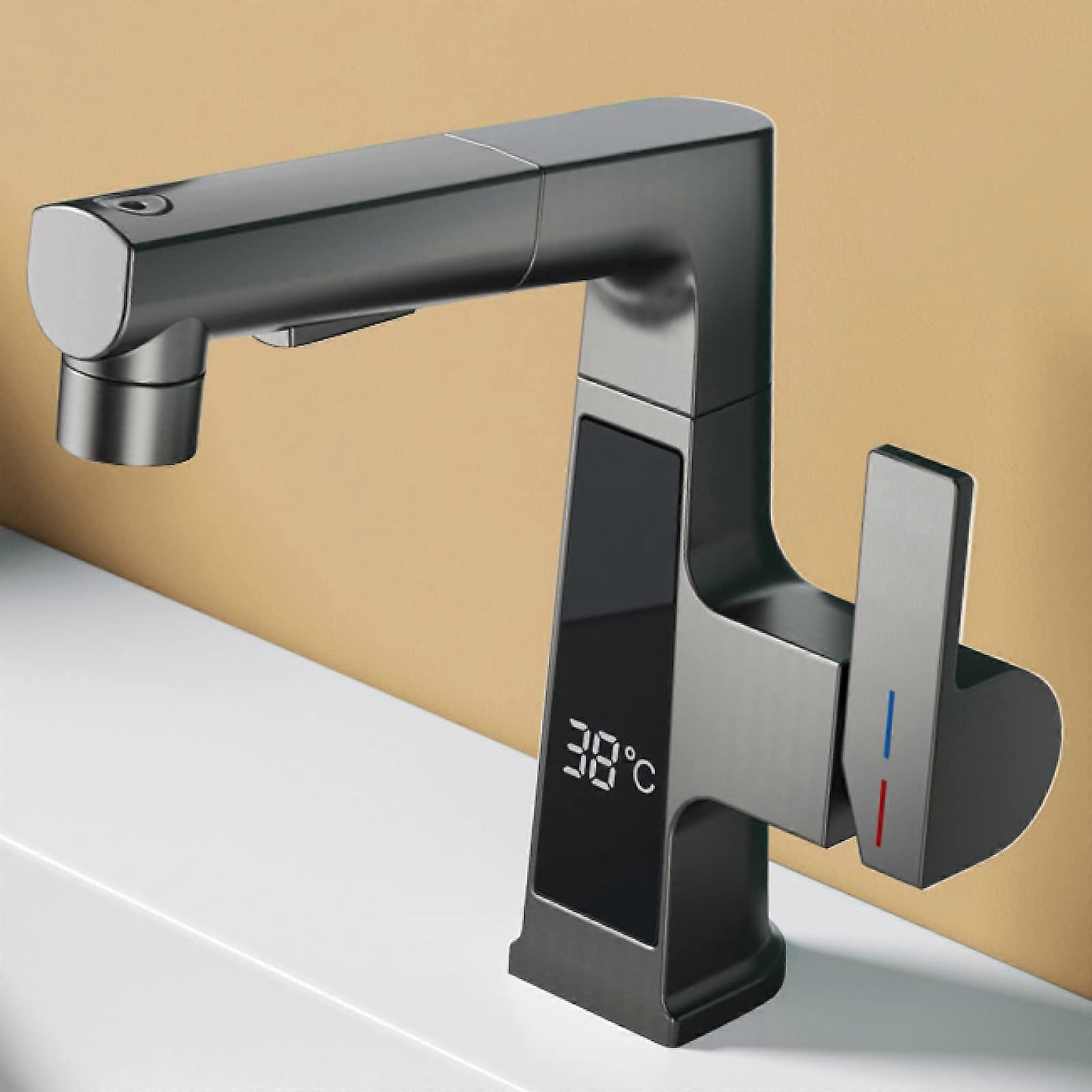 Washbasin Mixer Tap with PullOut Shower Temperature Display Bathroom Faucet Grey