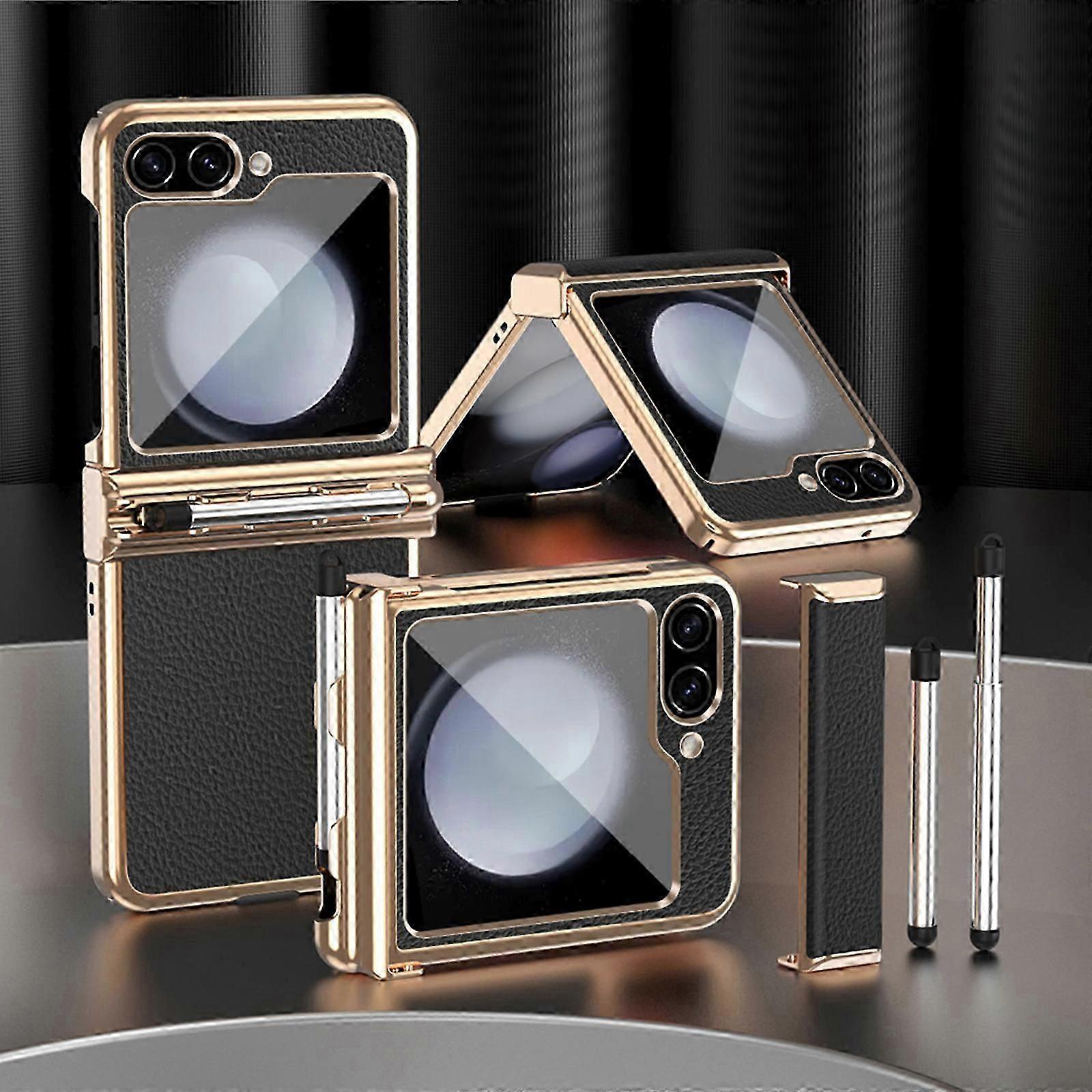 for Samsung Galaxy Z Flip 5 Case with S Pen & Two Hinges Protection, Luxury Plated Frame and Leather Case for Samsung Galaxy Z Flip 5 5G