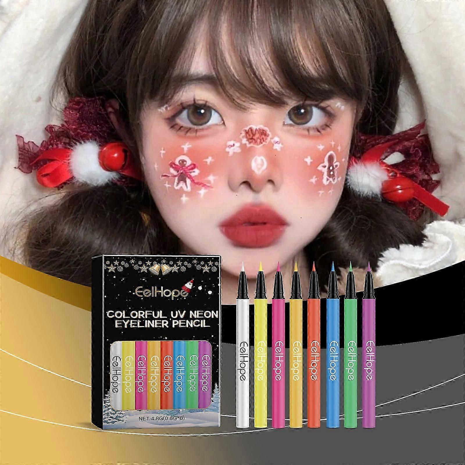 8 färger UV Neon flytande eyeliner-set, matt eyelinerpenna, färgglada vattentäta kladdfria pigmenterade eyeliner-sminkpresentkit