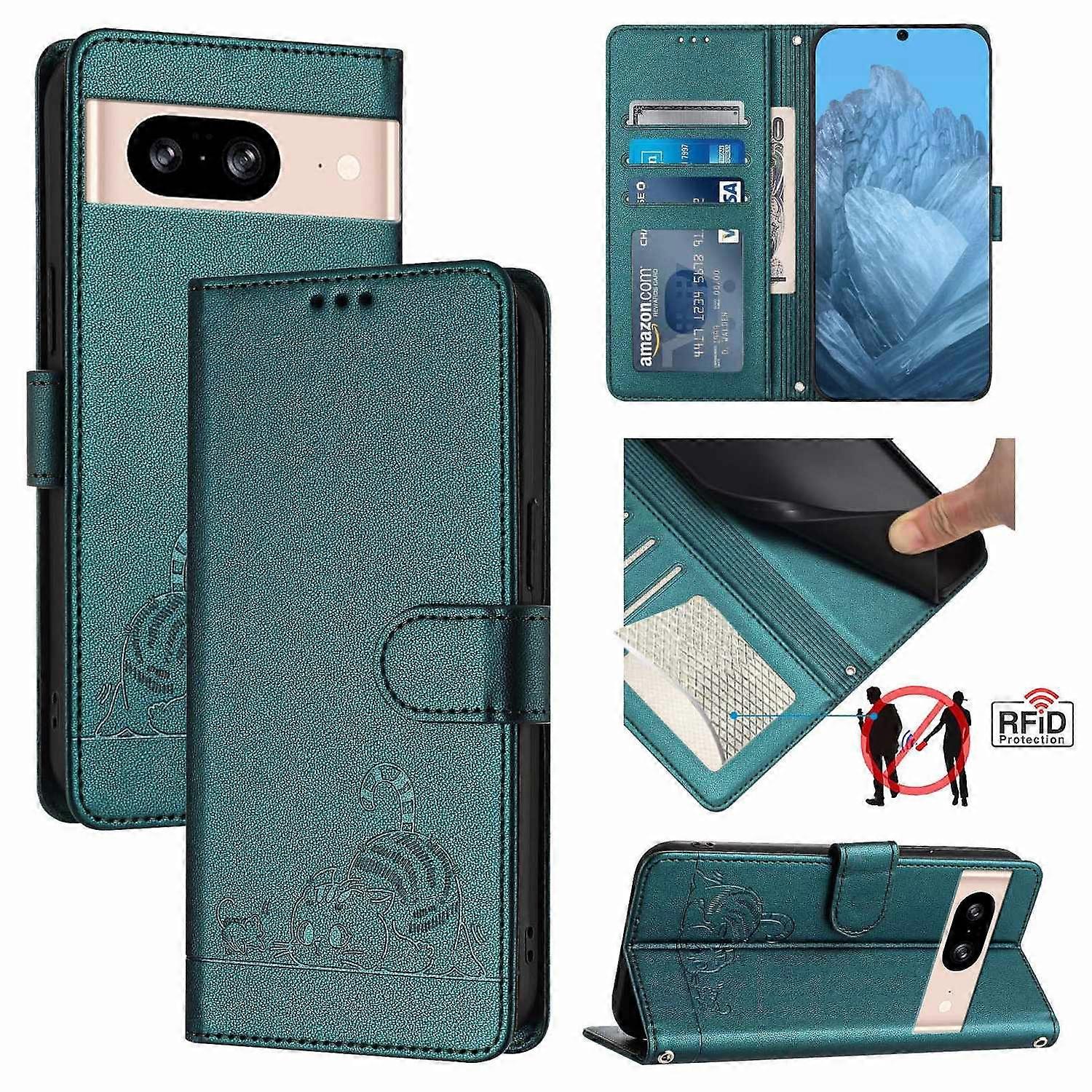 For Google Pixel 8 Case with Strap RFID Blocking Leather Wallet Phone Cover Cat Mouse Pattern - Dark