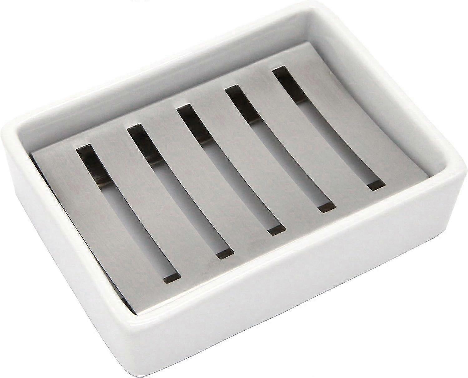 Double Layer Ceramic Soap Dish & Stainless Steel Holder for Bathroom & Shower - Draining Soap Box for Efficient Drying