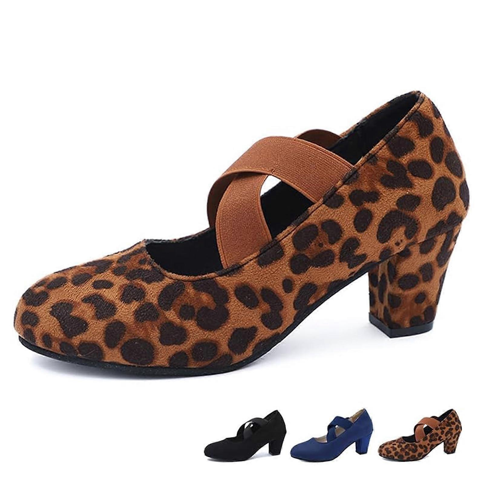 Women's Pumps With Cross Straps Leopard Print Mary Jane Strap Mid Heel Work Shoes Comfortable Support Size 39 EU