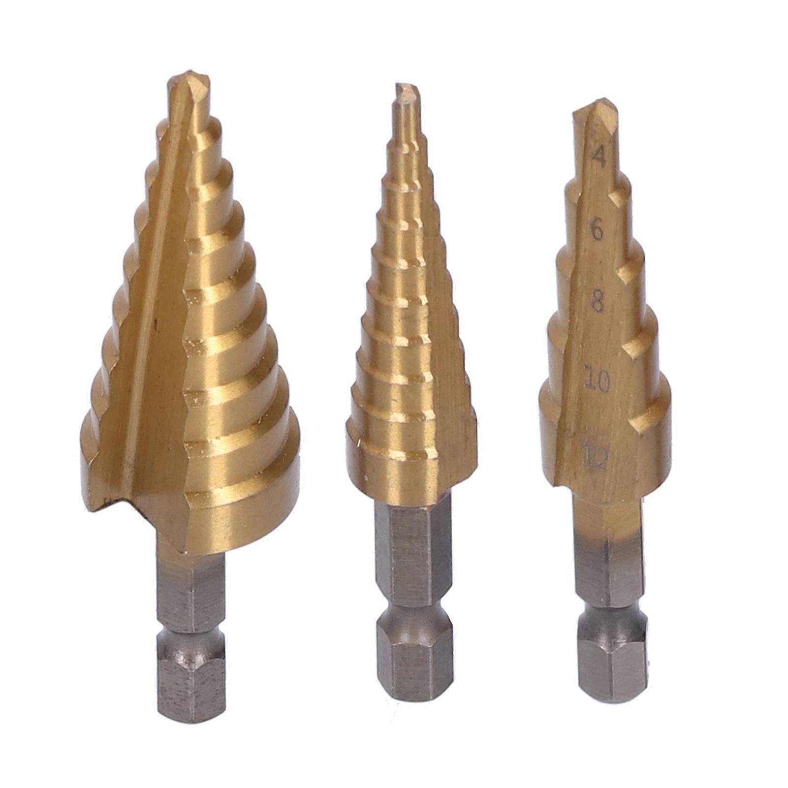3Pcs Step Drill Bit Ti Plated Alloy Steel Hex Handle Straight Flute 3-12/4-12/4-20