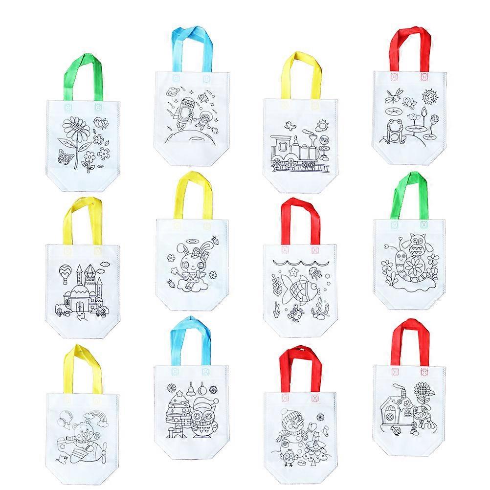 12pcs DIY Painting Nonwoven Foldable Shopping Bags & Storage Pouches for Home, Kindergarten – Multi Pattern Design, Art & Craft Fun
