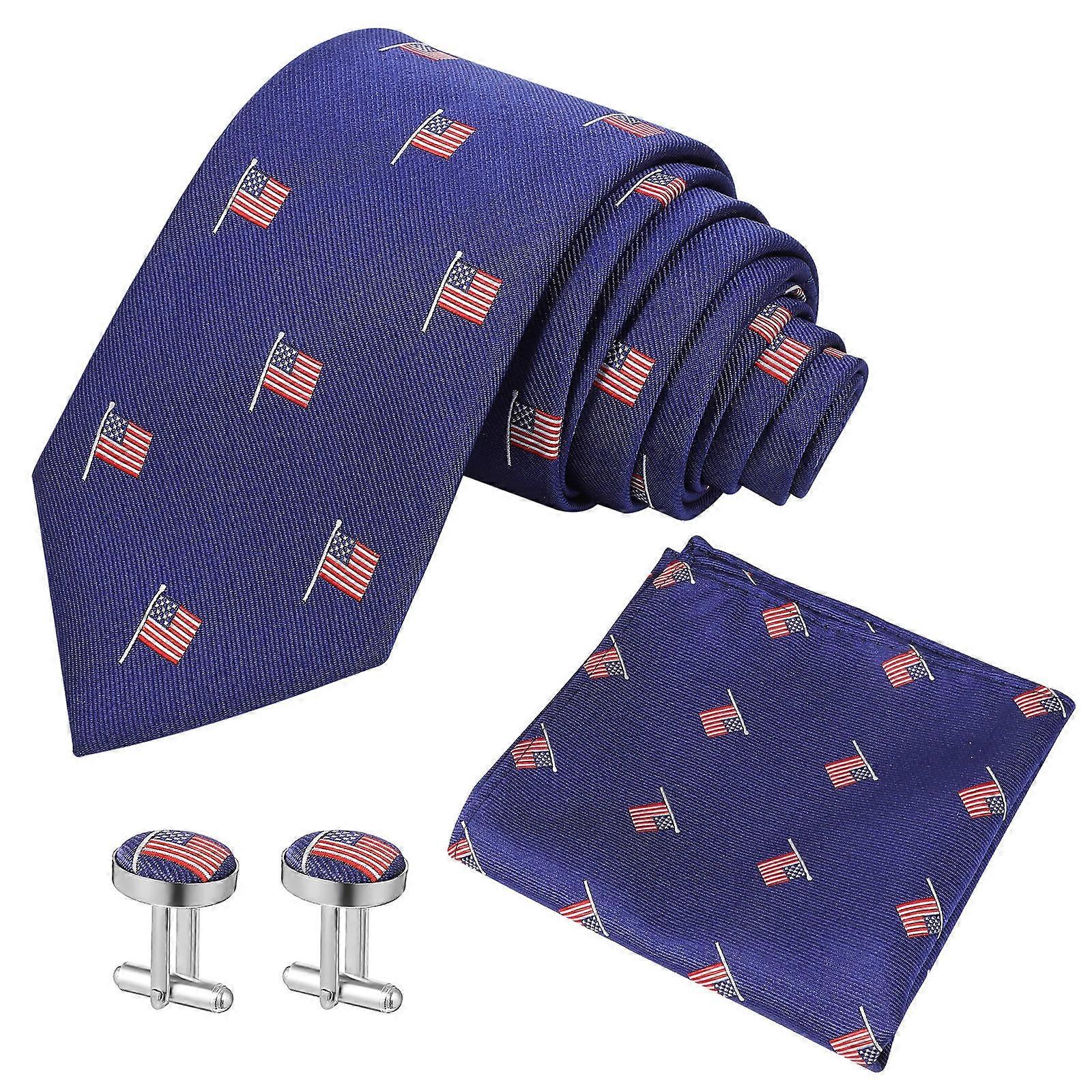 1 Set American Flag Necktie with Pocket Square for Formal Events Business Meetings USA Flag Design
