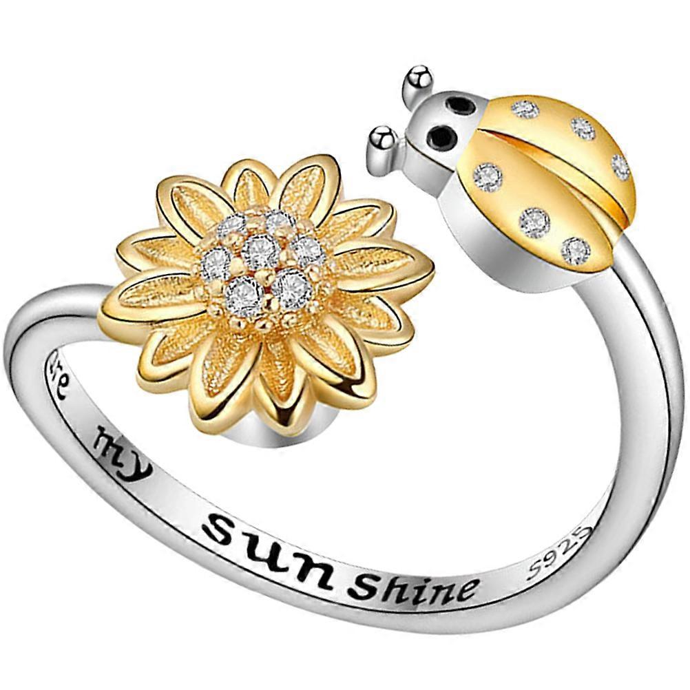 Adjustable Sunflower Ladybug Finger Ring for Women, Durable Copper Open Fidget Jewelry with Smooth Polished Surface and Unique Charming Design for
