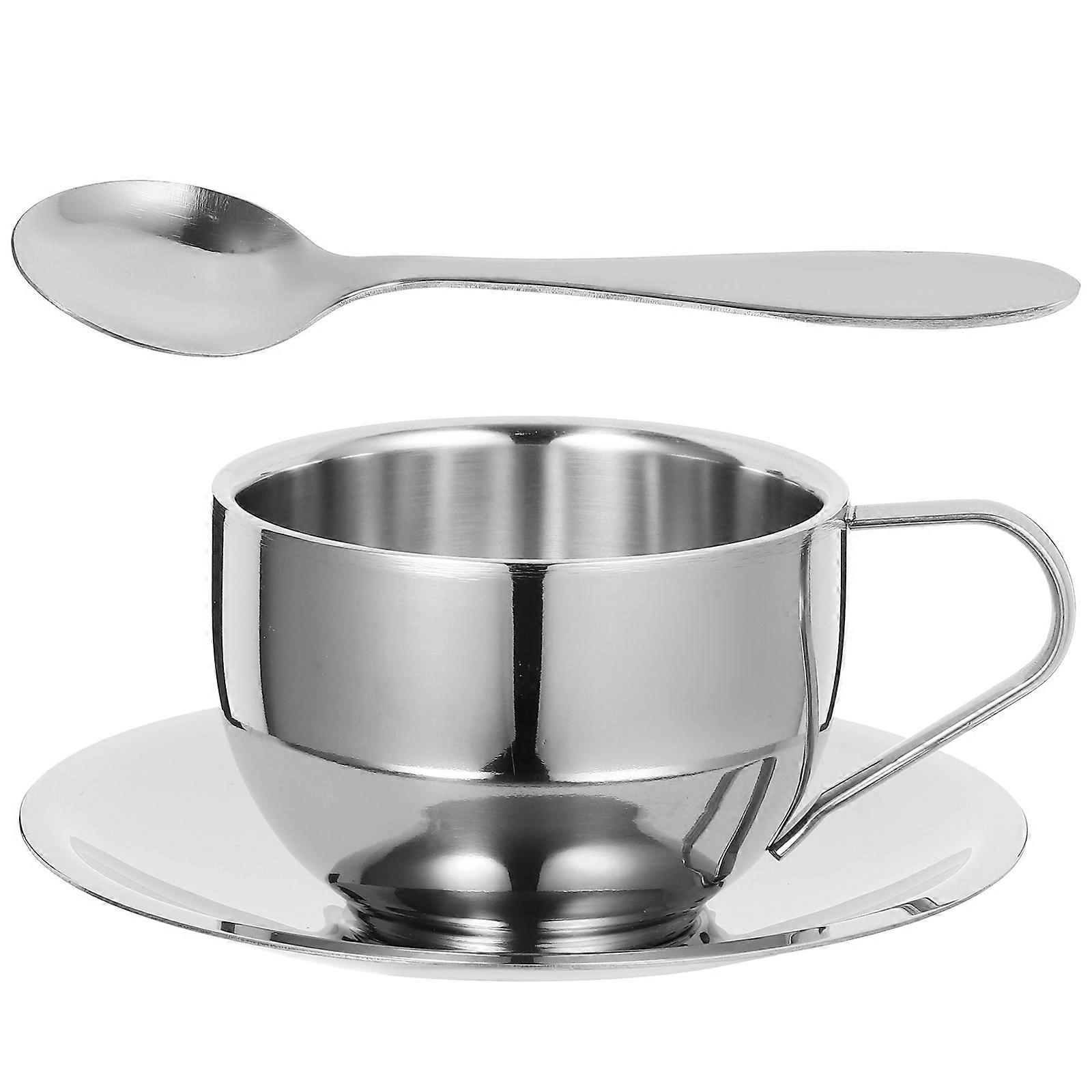 Stainless Steel Coffee Cup with Saucer and Spoon Silver for Home Use Elegant Design 1 Set