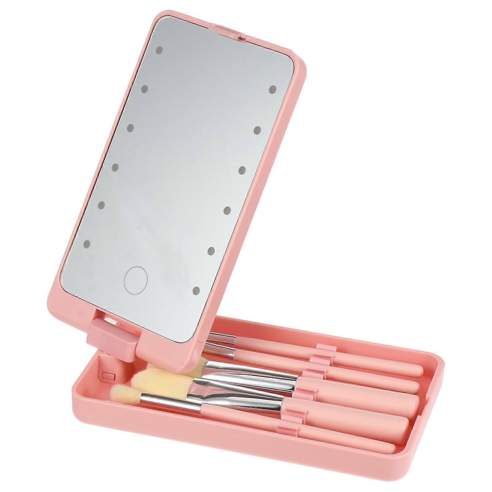 Pink LED Makeup Mirror with Brush Storage Foldable ABS for Travel and Makeup Use 4.5 Inch