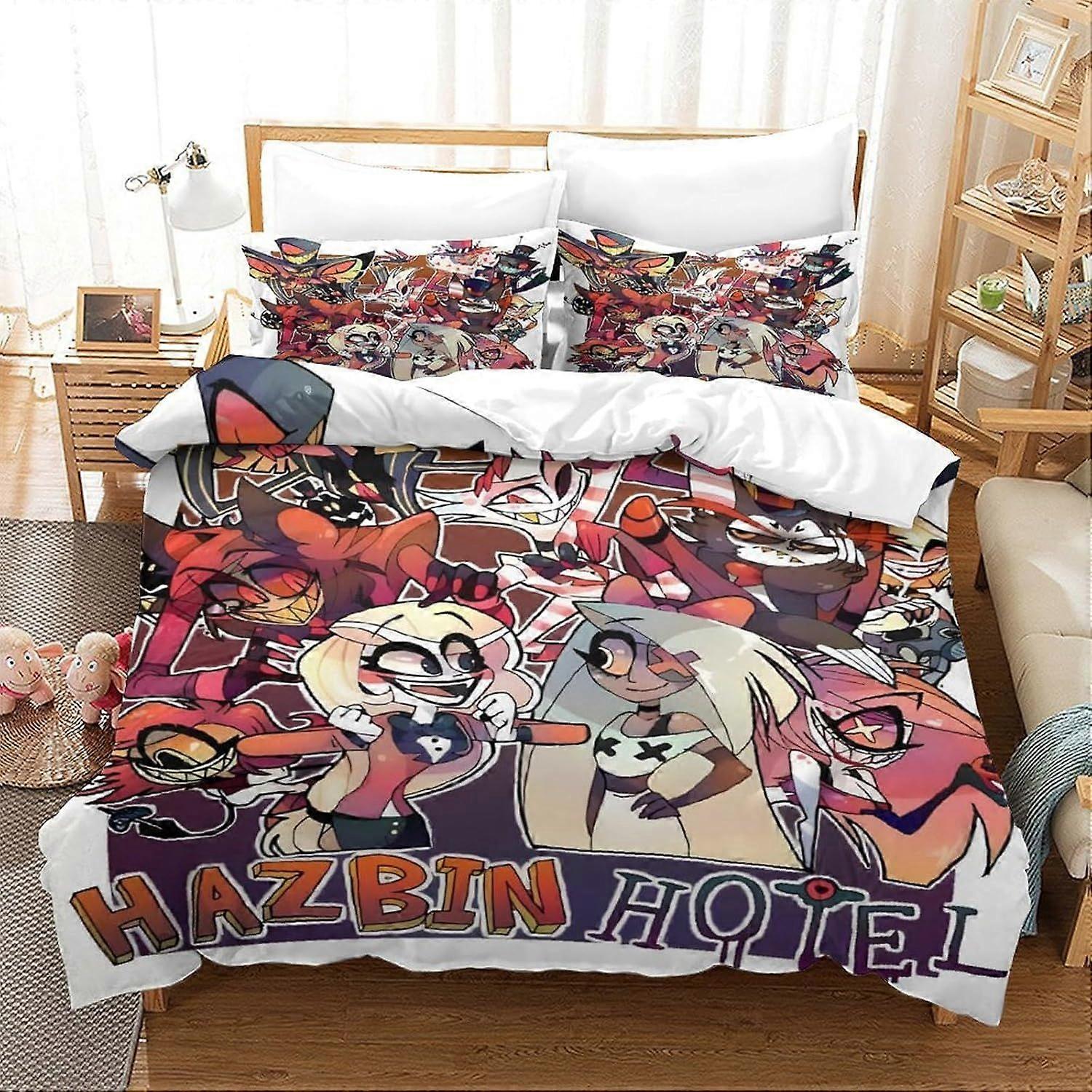 Hazbin Hotel Comforter Covers för pojkar Flickor Quilt Cover Påslakan 3D-tryck Vaggie Angel Dust Alastor Sängkläder Set Mjuk Microfiber med Dragkedja Closur