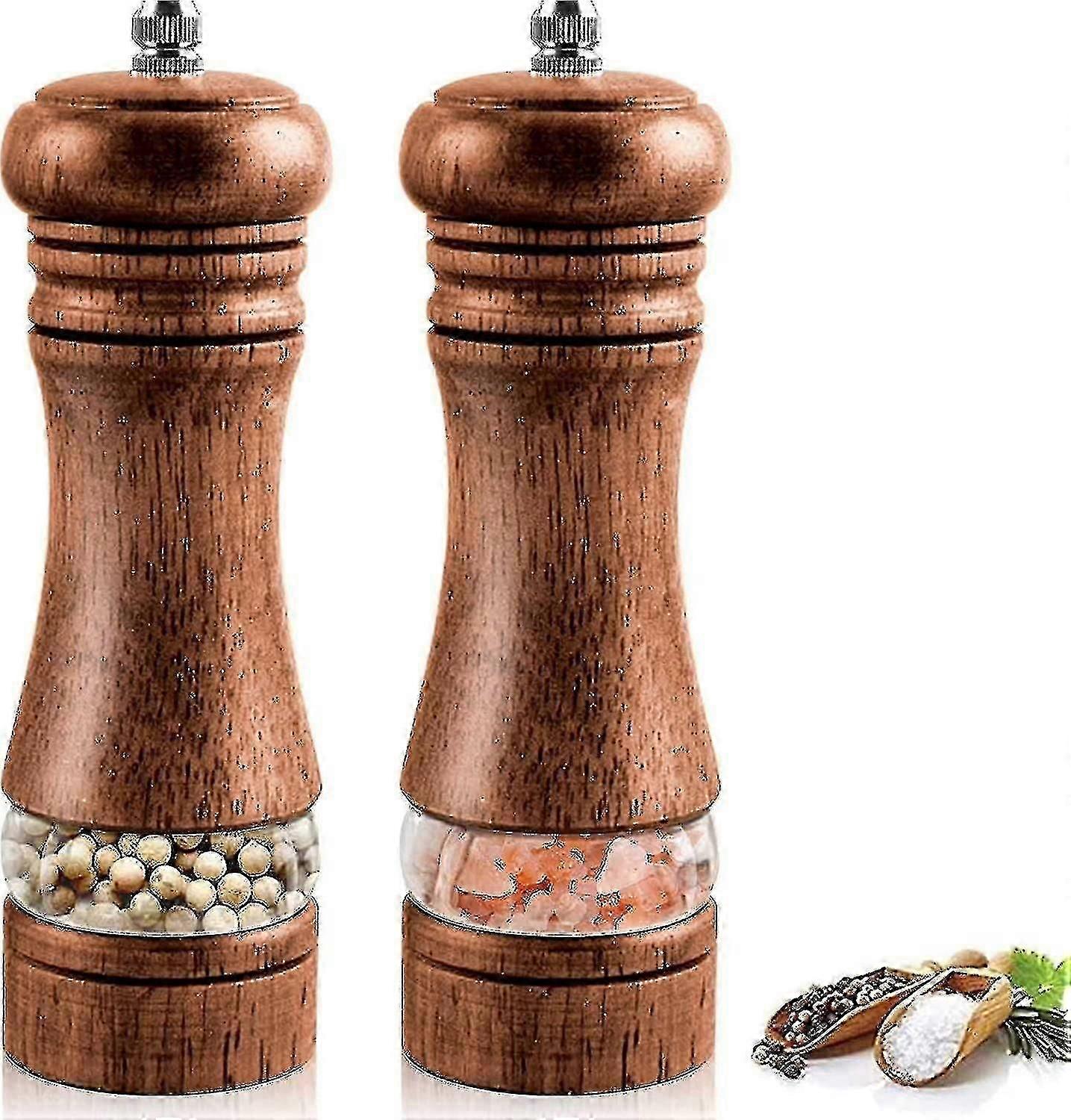 Set Of 2 Wooden Salt And Pepper Grinders, Adjustable - KC