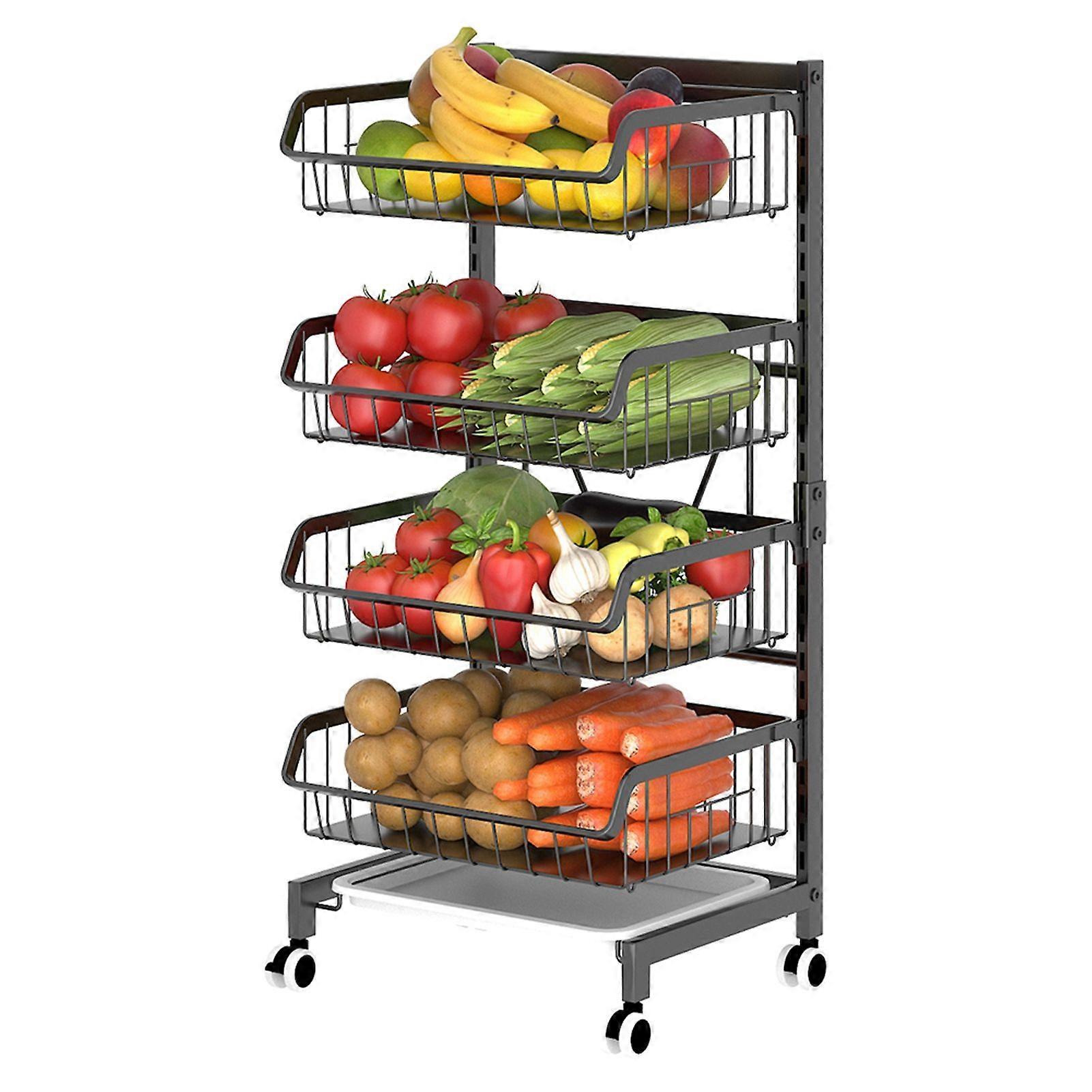 4-Tier Kitchen Carts on Wheels Adjustable Metal Large Capacity Fruit Vegetable Storage Basket Pantry Utility Cart with Mesh Baskets for Kitchen Bathro