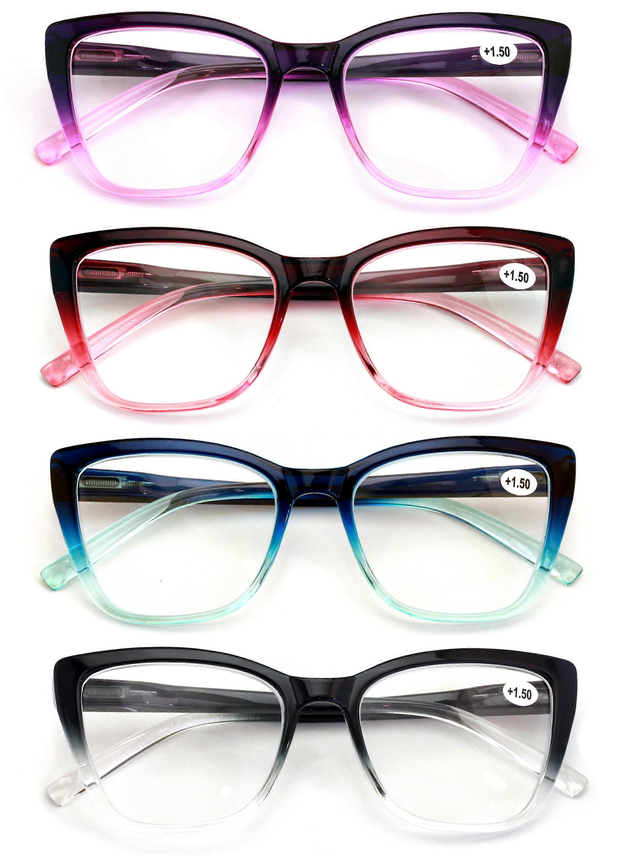 4 Pairs Women Oversized Translucent 2-Tone Cateye Reading Glasses - Spring Hinge Reader DR09 +1.00