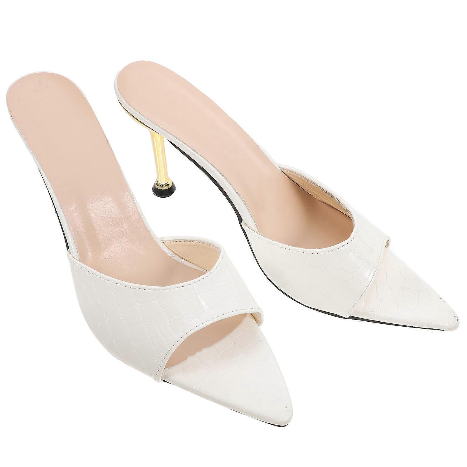 Elegant High Heel Sandals for Women Banquet Style Simple Design White Color Elevate Height 1 Pair