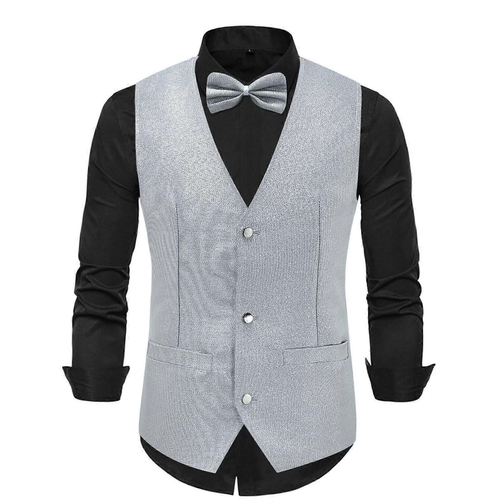 Festive Suit Vest For Men Glitter Vest Sleeveless VNeck Disco Outfit With Bow Tie Set Size M Silver