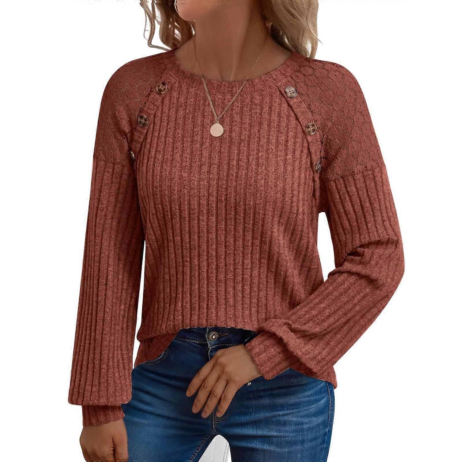 Womens Fall Long Sleeve Tunic Tops Casual Crew Neck Dressy Shirt Lace Patchwork Blouses Pullover Sweaters  Red XL