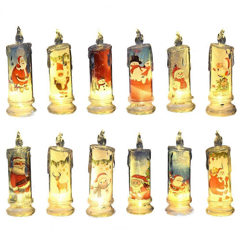 Velas de Natal sem chama com Papai Noel, boneco de neve e alce estampados, decoração de LED, luz noturna, enfeite de Natal e lembrancinha de festa.