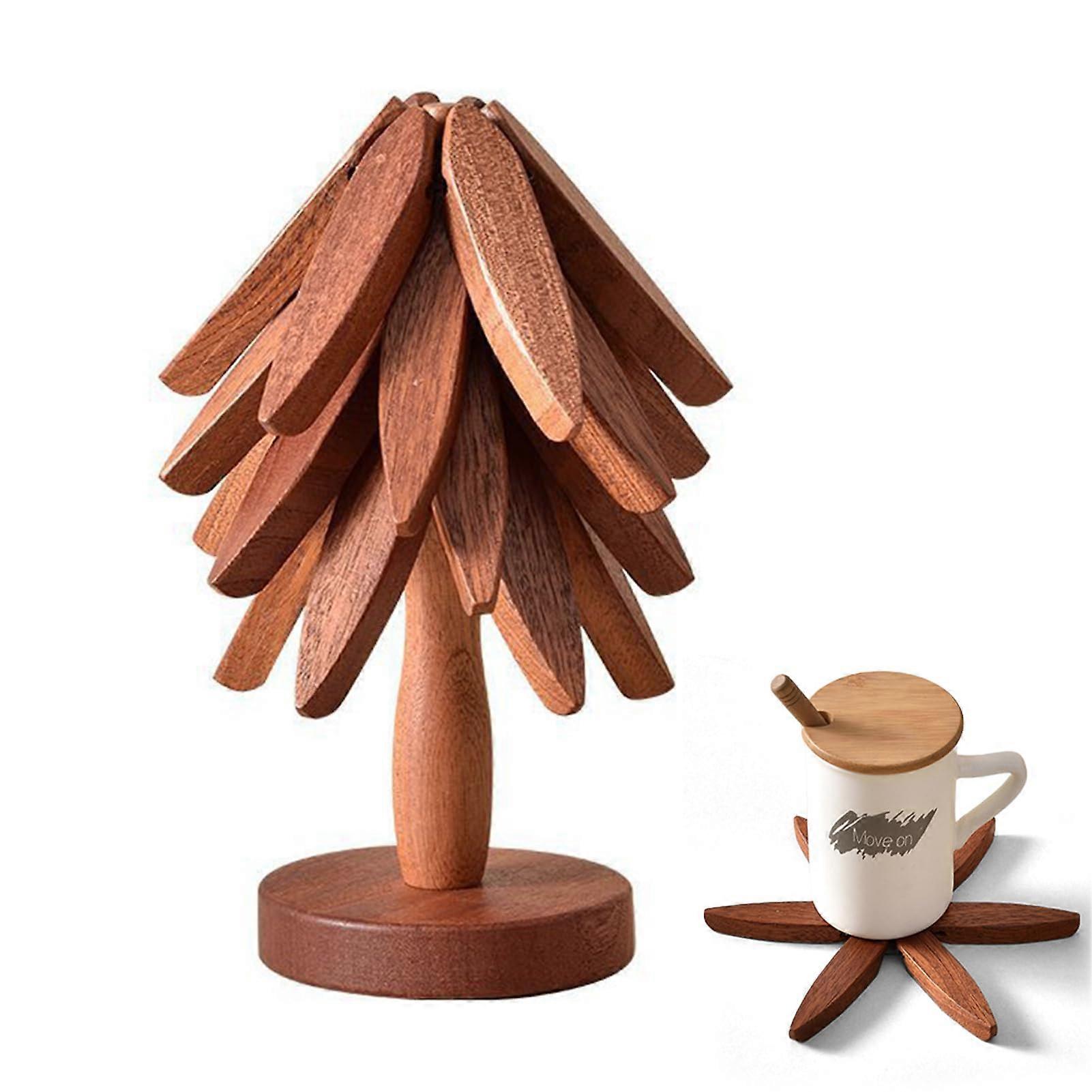 Christmas Tree Wooden Hot Pads Set Of 4 Coasters With Holder Walnut Heat Resistant Trivets For Festive Table Decor