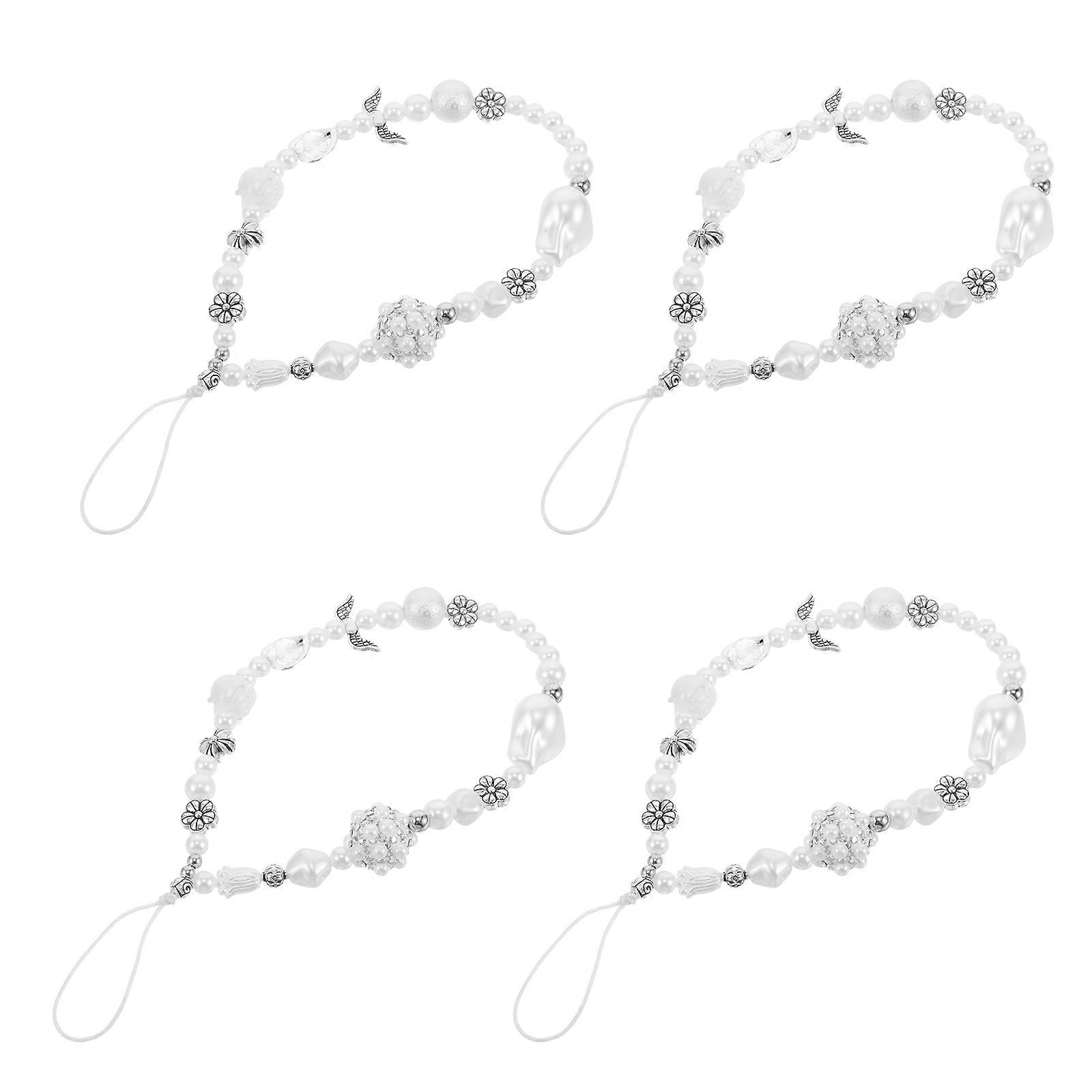 Phone Charm Bowknot Strap with Pearls for Decoration 4Pcs Set