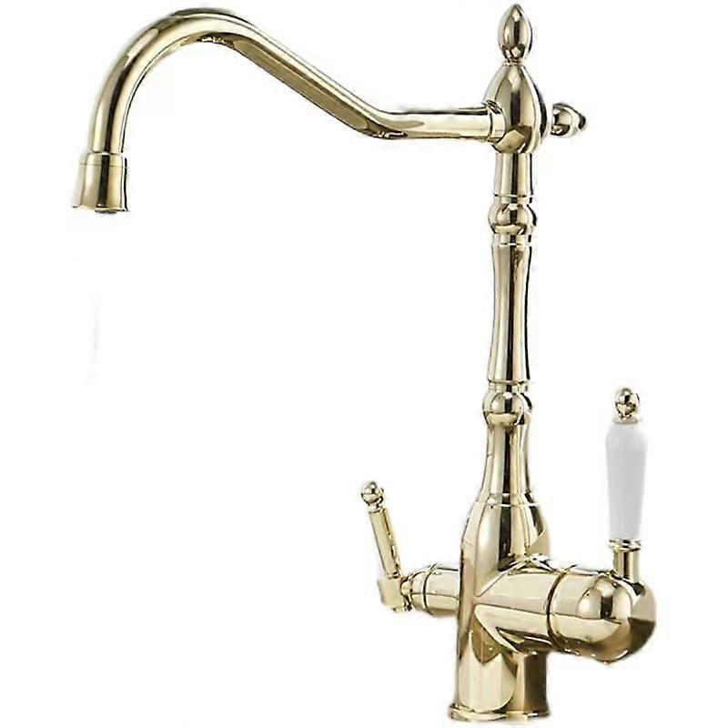 Kitchen Mixer Tap AllCopper With ThreeInOne Water Purification, Rotatable Hot And Cold, Double Handle, Gold