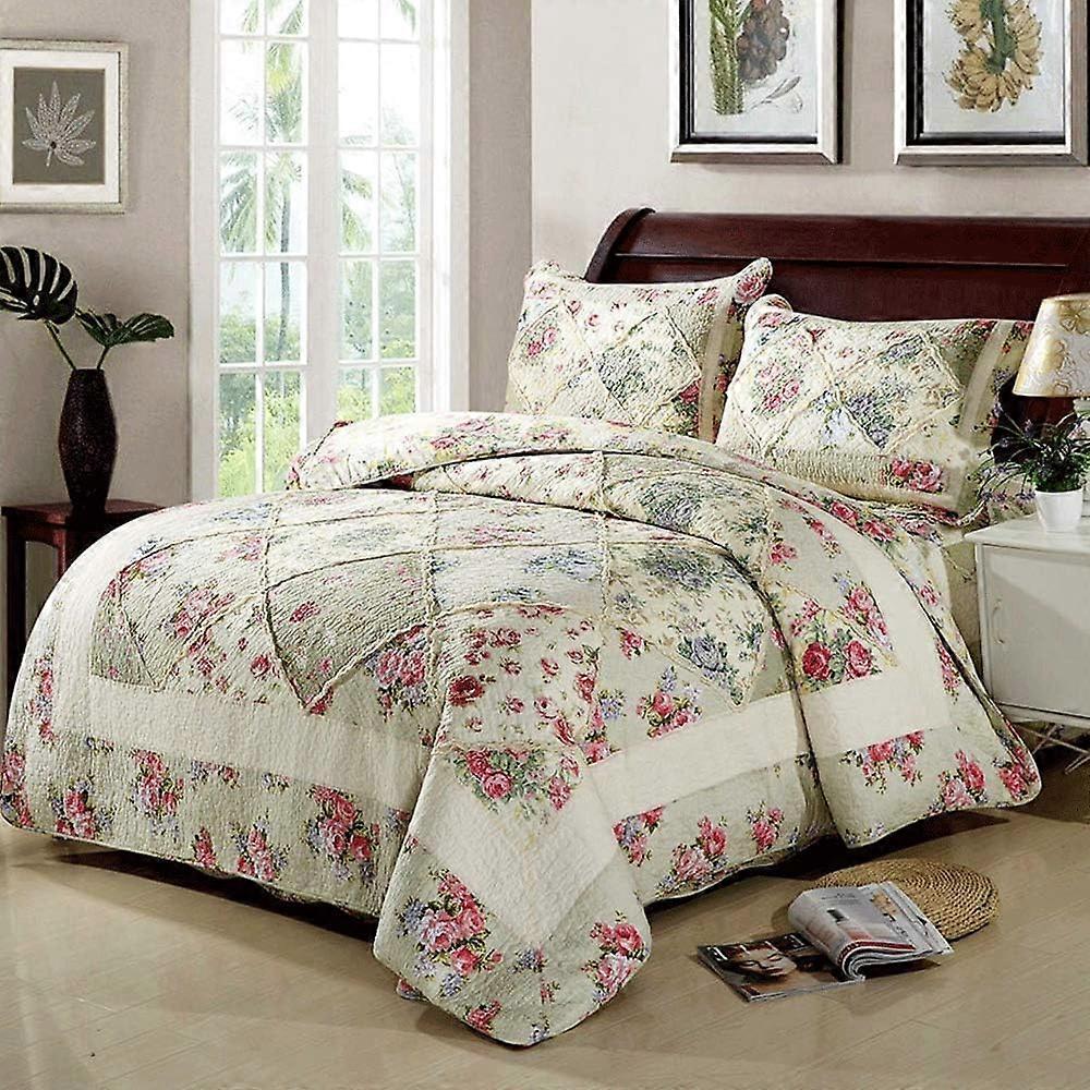King Size Cotton Patchwork Bedspread Quilt Set with Floral Design 3pcs 230x250cm + 2 Pillowcases