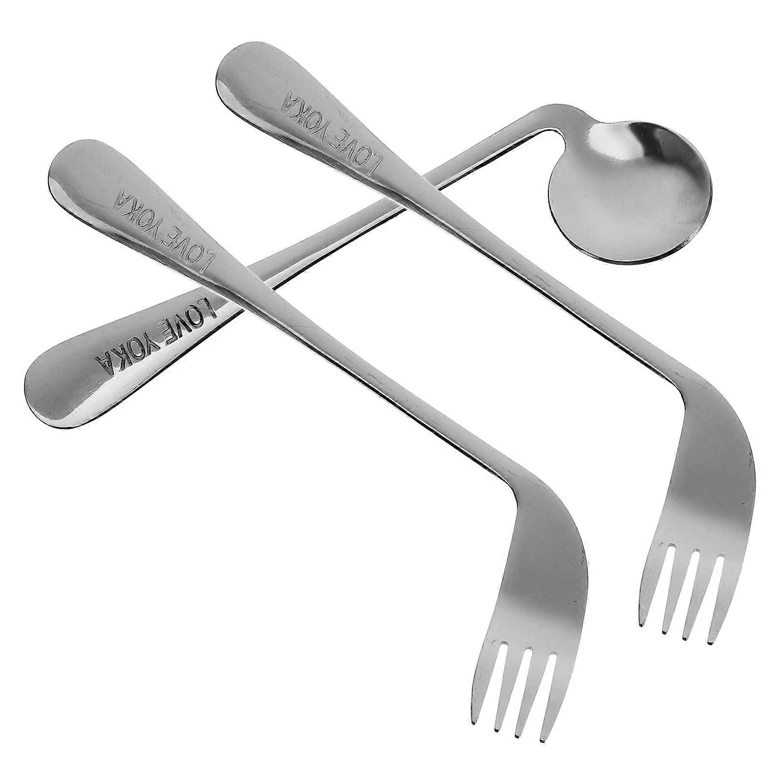 Silver Stainless Steel Angled Spoon and Fork for Feeding Aid 1Set