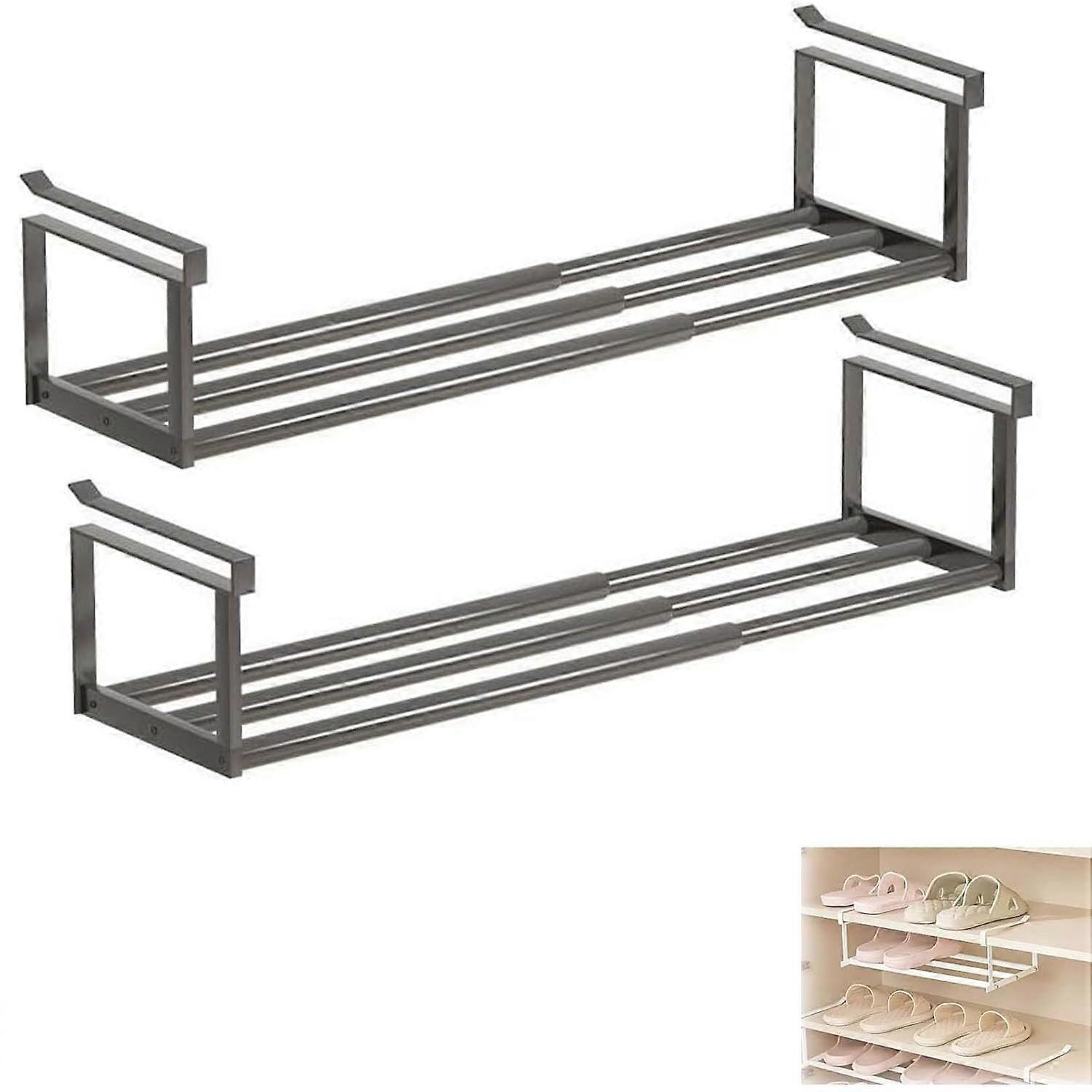 Expandable Shoe Rack Adjustable Cabinet Telescopic Shelf Organizer for Closet Storage 2 Pack Black