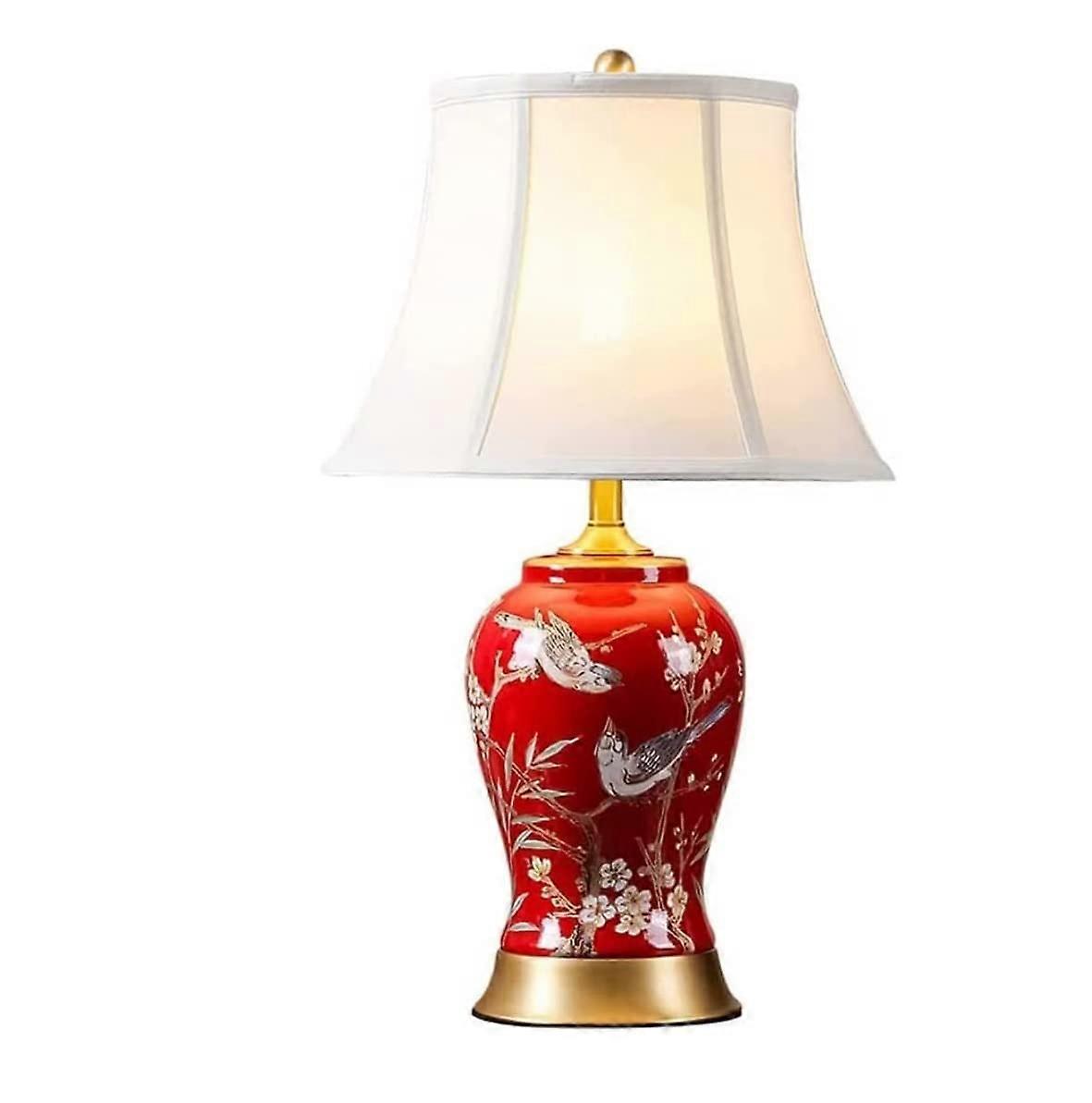Vintage Red Ceramic Table Lamp with Remote Control and Fabric Shade for Bedroom and Living Room