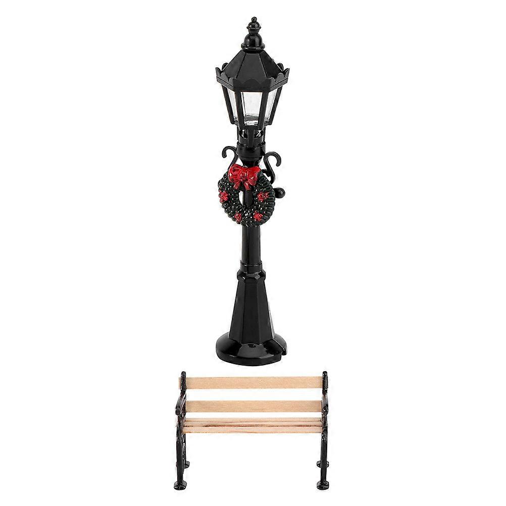 Miniature Street Light Post and Mini Bench for Decoration Use 1Set