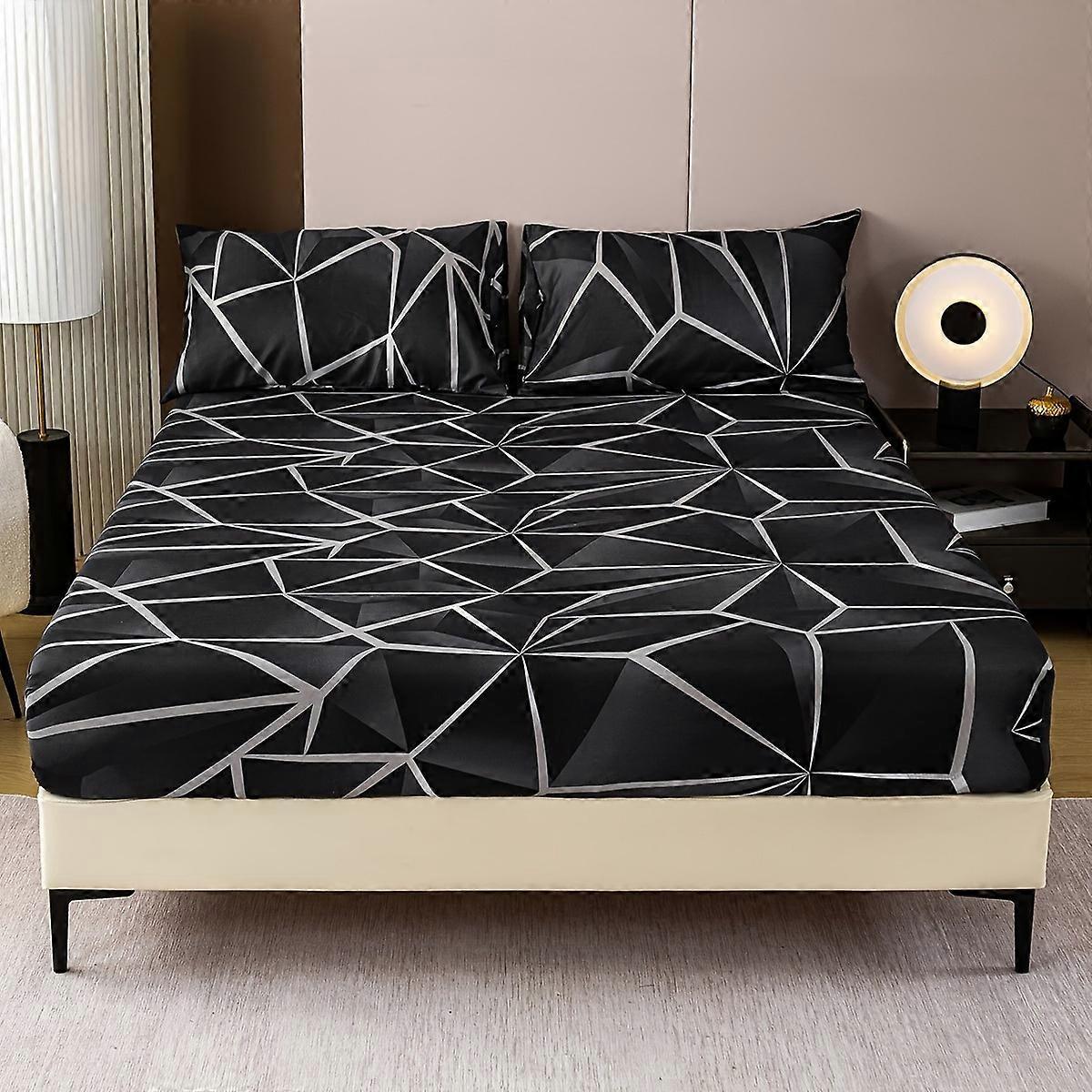 Soft Microfiber Modern Geometric Printed Fitted Sheet Set with Elasticated Corner Home Bedroom Decor