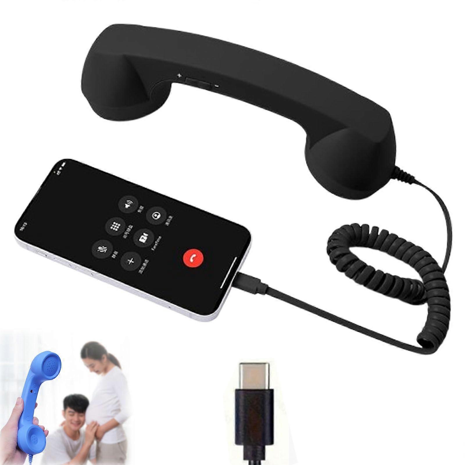 Retro Phone Handset TypeC with NoiseCanceling Microphone, Clear Audio, Vintage Design, Black