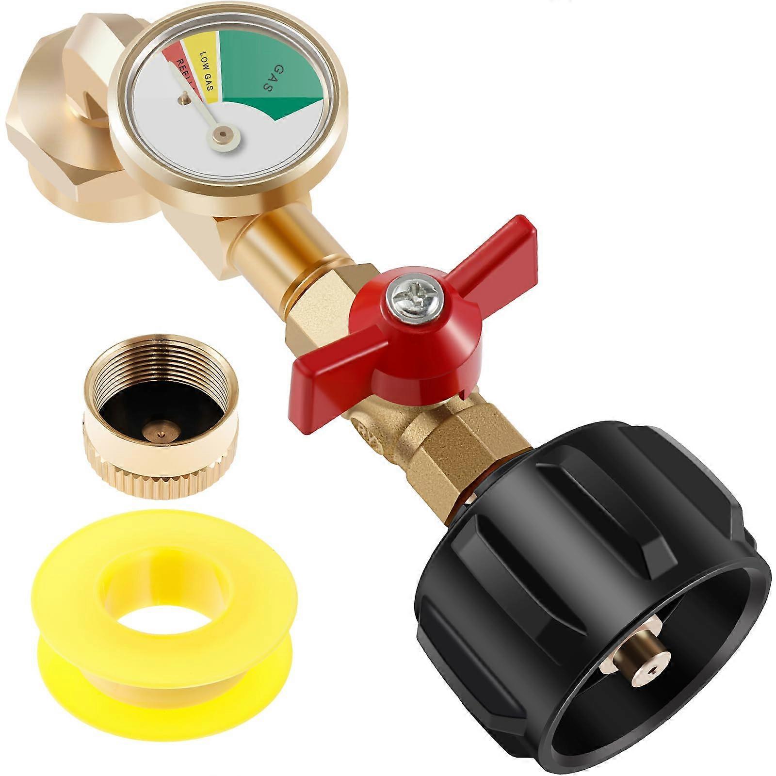 Propane Refill Adapter Solid Brass with Gauge and Ball Valve for 1 lb Tanks Fast Fill Durable
