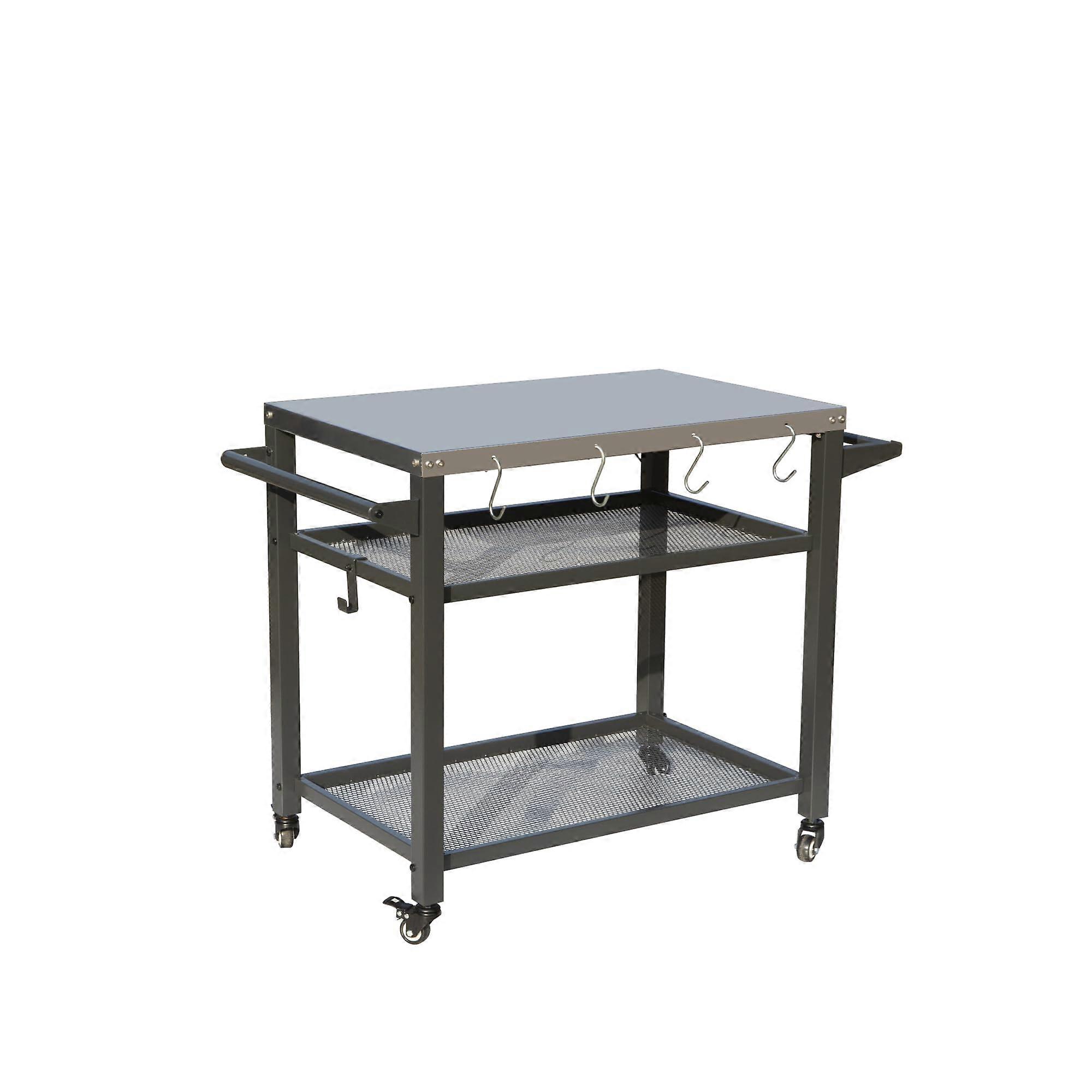 Outdoor Utility Cart with Rustproof Stainless Steel , 3Shelf Rolling BBQ Prep Table and Hooks
