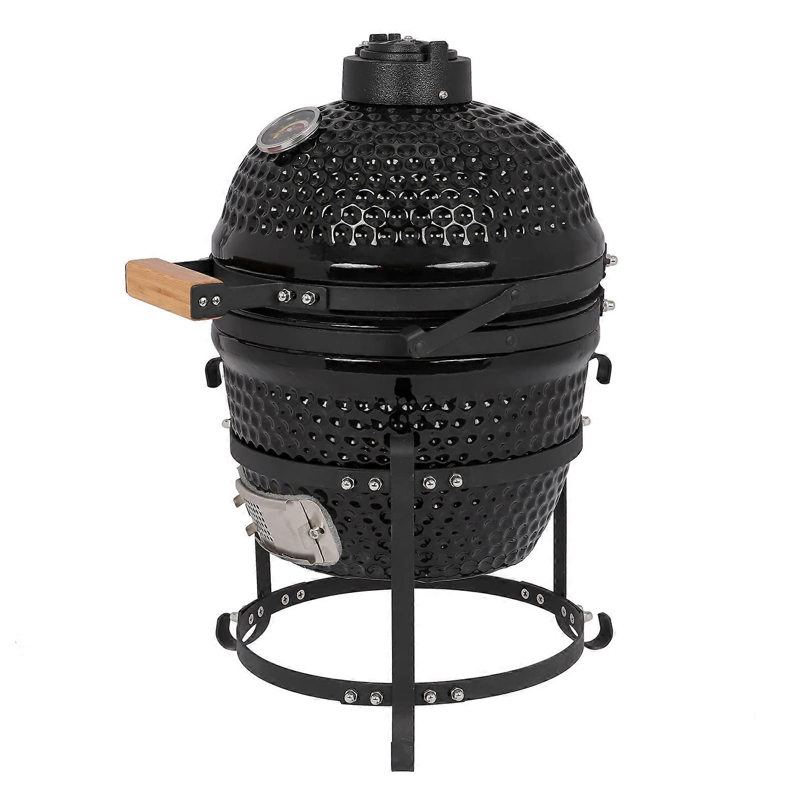 13 Inch Kamado Grill Ceramic Charcoal BBQ with Precise Temperature Control Black Egg Shape